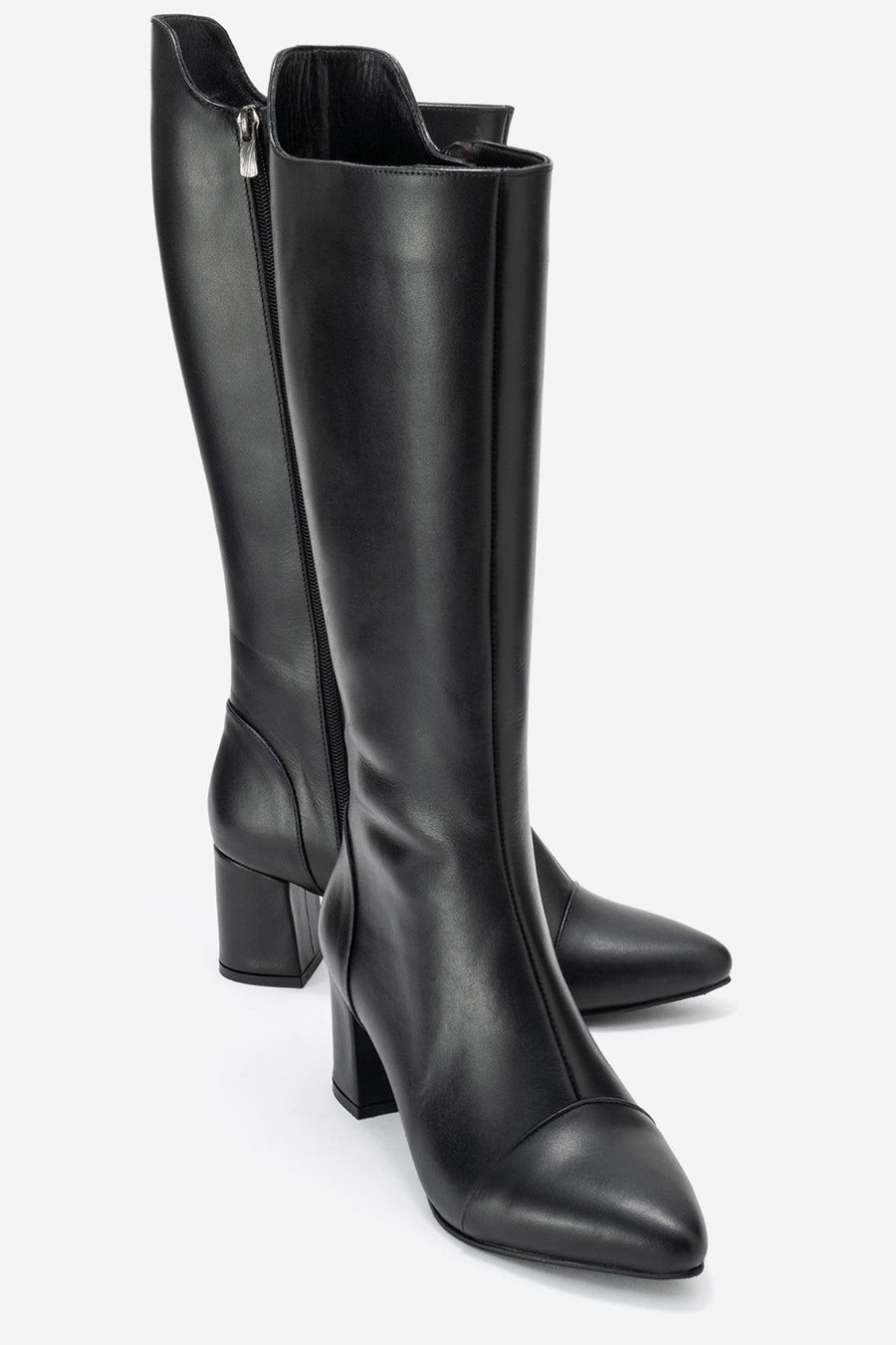 Lumin - Black Genuine Leather Block Heel Knee-High Boot