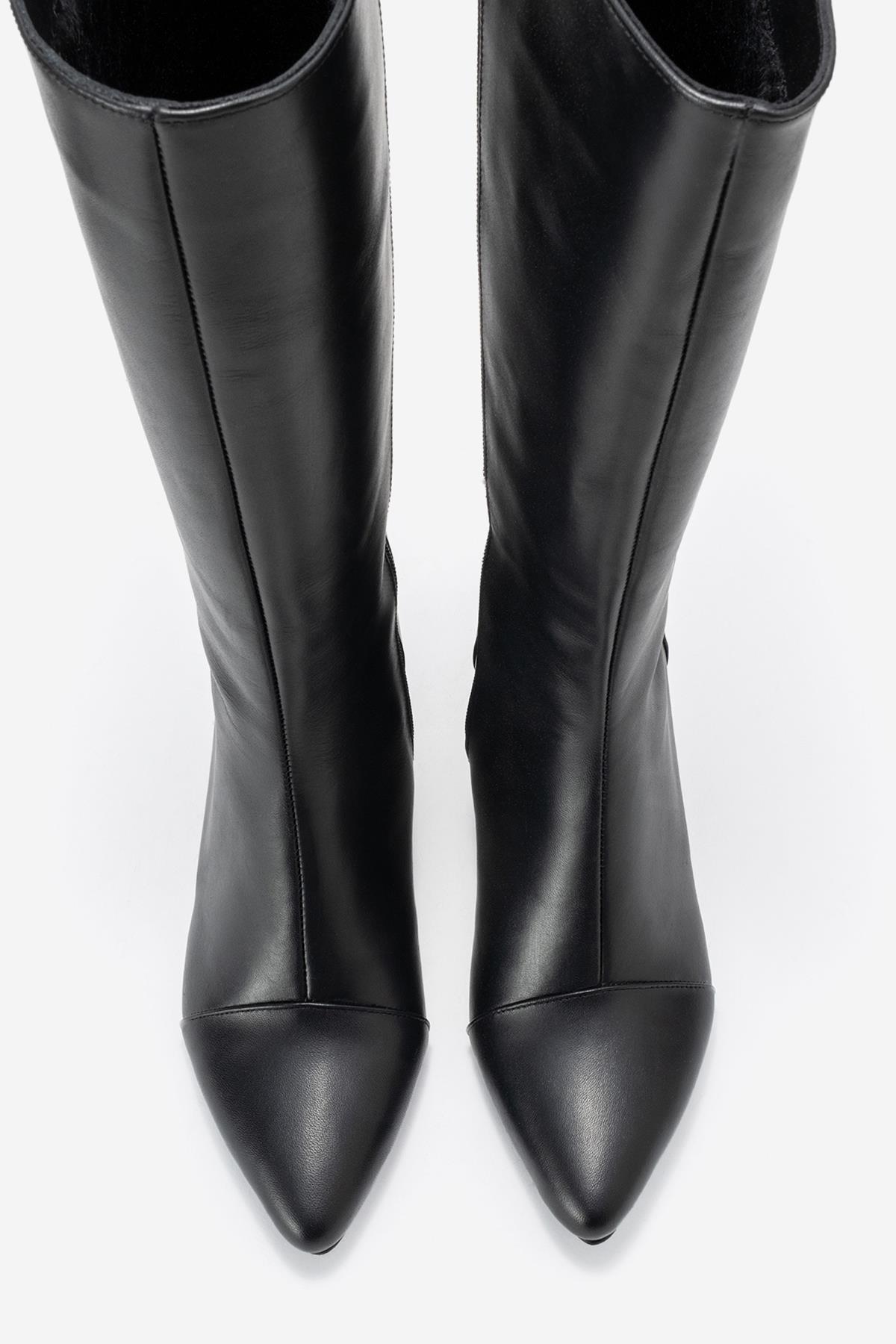 Lumin - Black Genuine Leather Block Heel Knee-High Boot – side view showing leather, black, Vowalisse