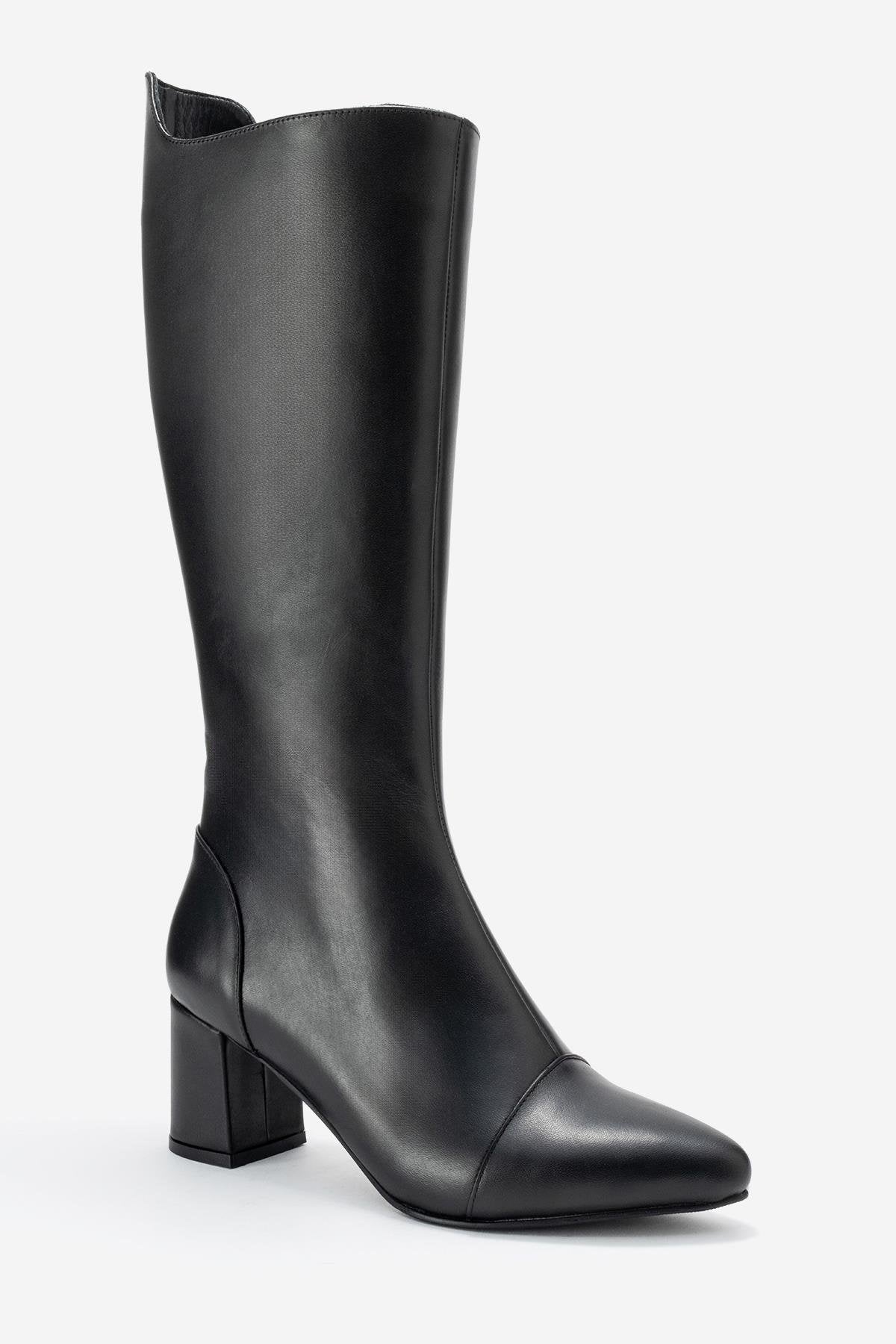 Lumin - Black Genuine Leather Block Heel Knee-High Boot – detail view showing leather, black, Vowalisse