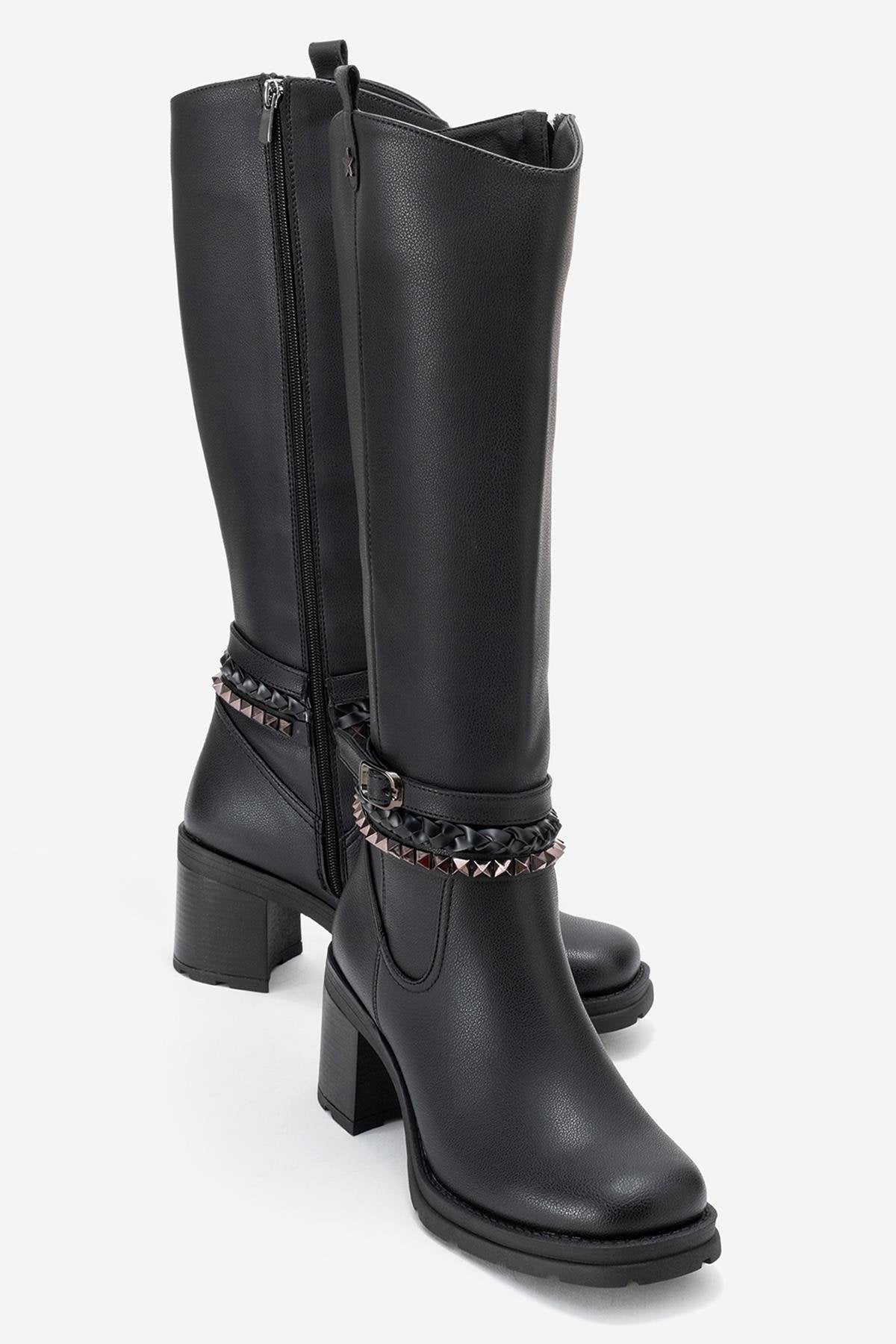 Viorra - Black Strappy Block Heel Knee-High Boot – front three-quarter view showing leather, black, Vowalisse