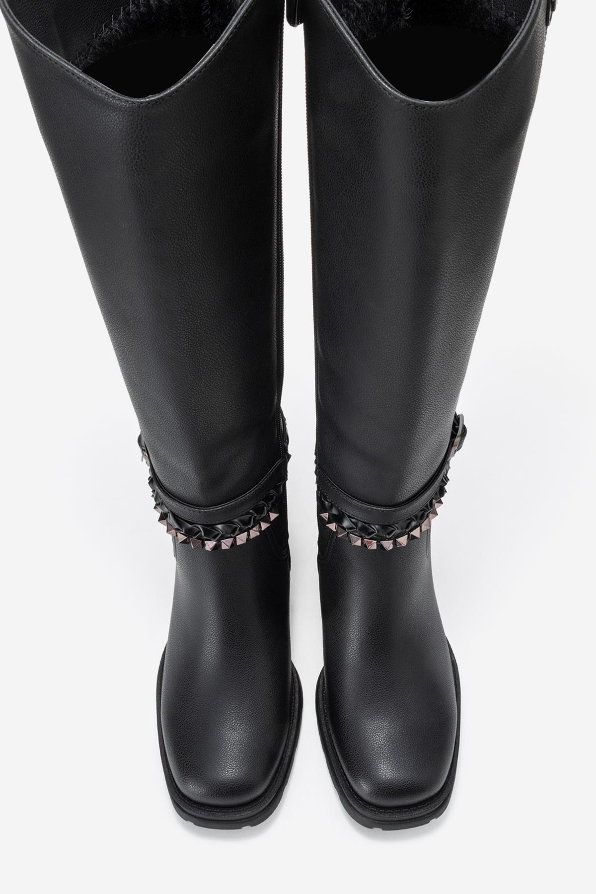 Viorra - Black Strappy Block Heel Knee-High Boot – side view showing leather, black, Vowalisse