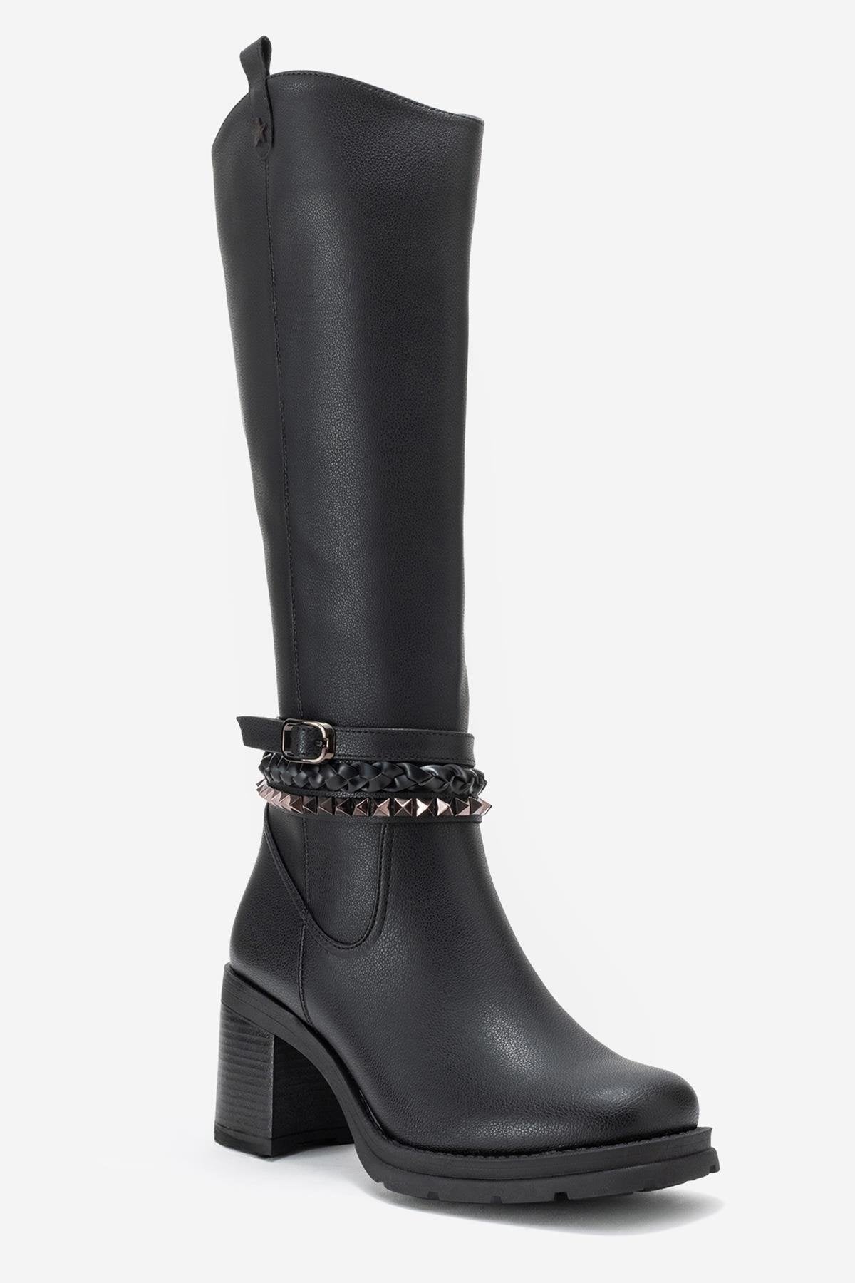 Viorra - Black Strappy Block Heel Knee-High Boot – detail view showing leather, black, Vowalisse