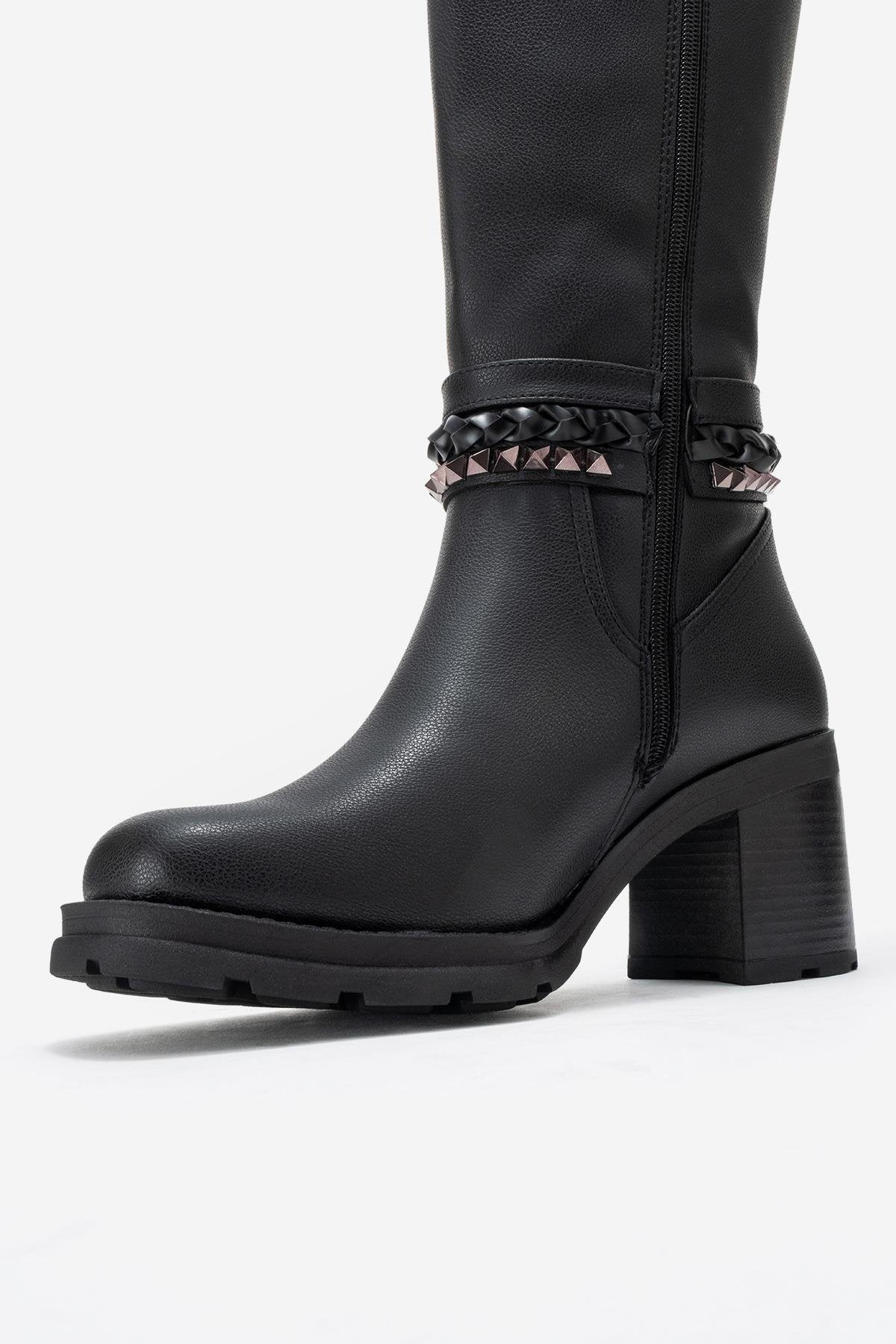 Viorra - Black Strappy Block Heel Knee-High Boot – heel view showing leather, black, Vowalisse