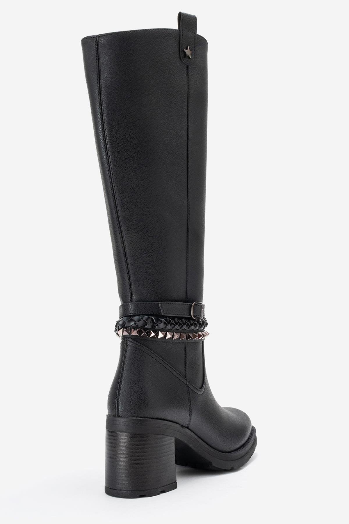 Viorra - Black Strappy Block Heel Knee-High Boot – back view showing leather, black, Vowalisse