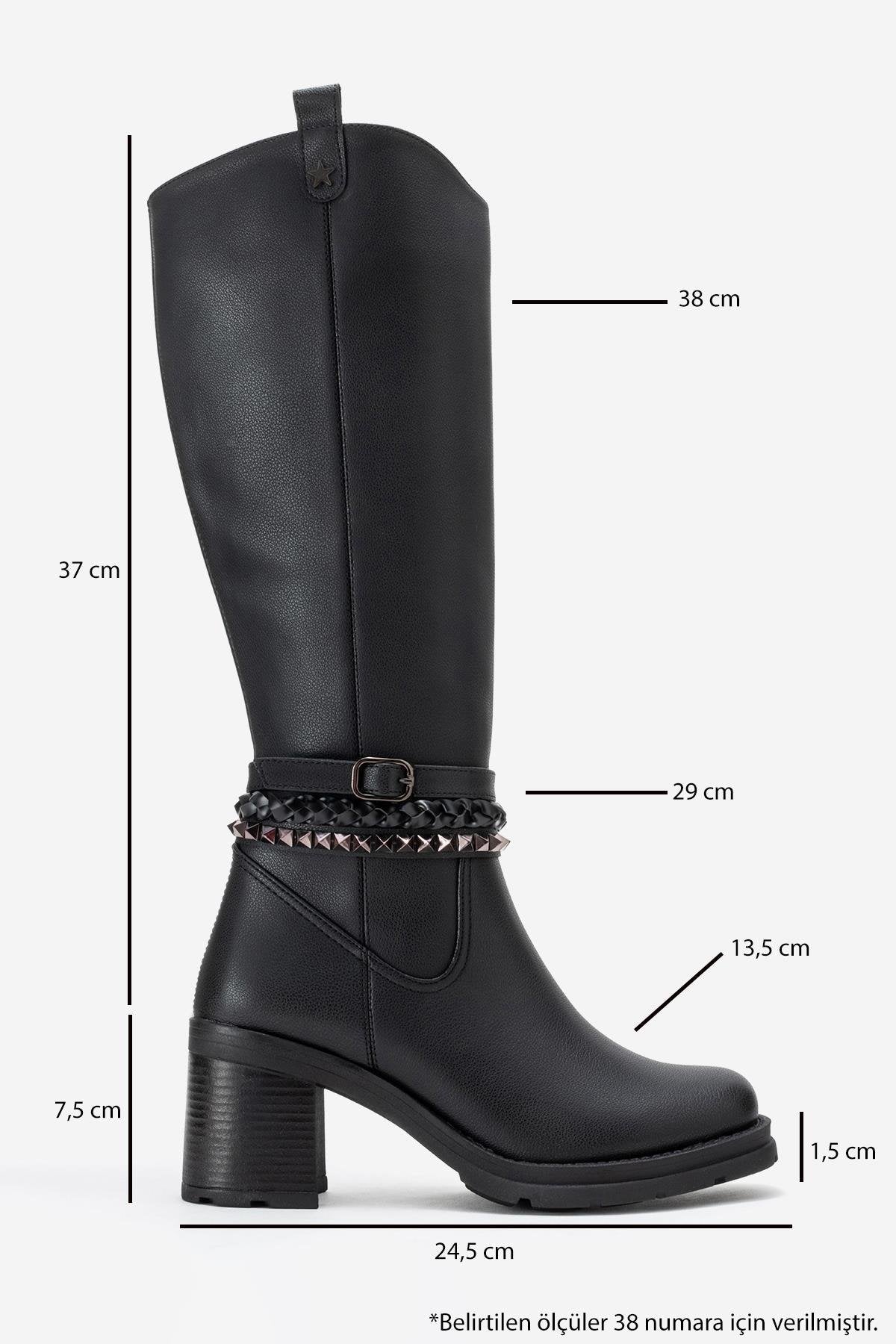 Viorra - Black Strappy Block Heel Knee-High Boot – top view showing leather, black, Vowalisse