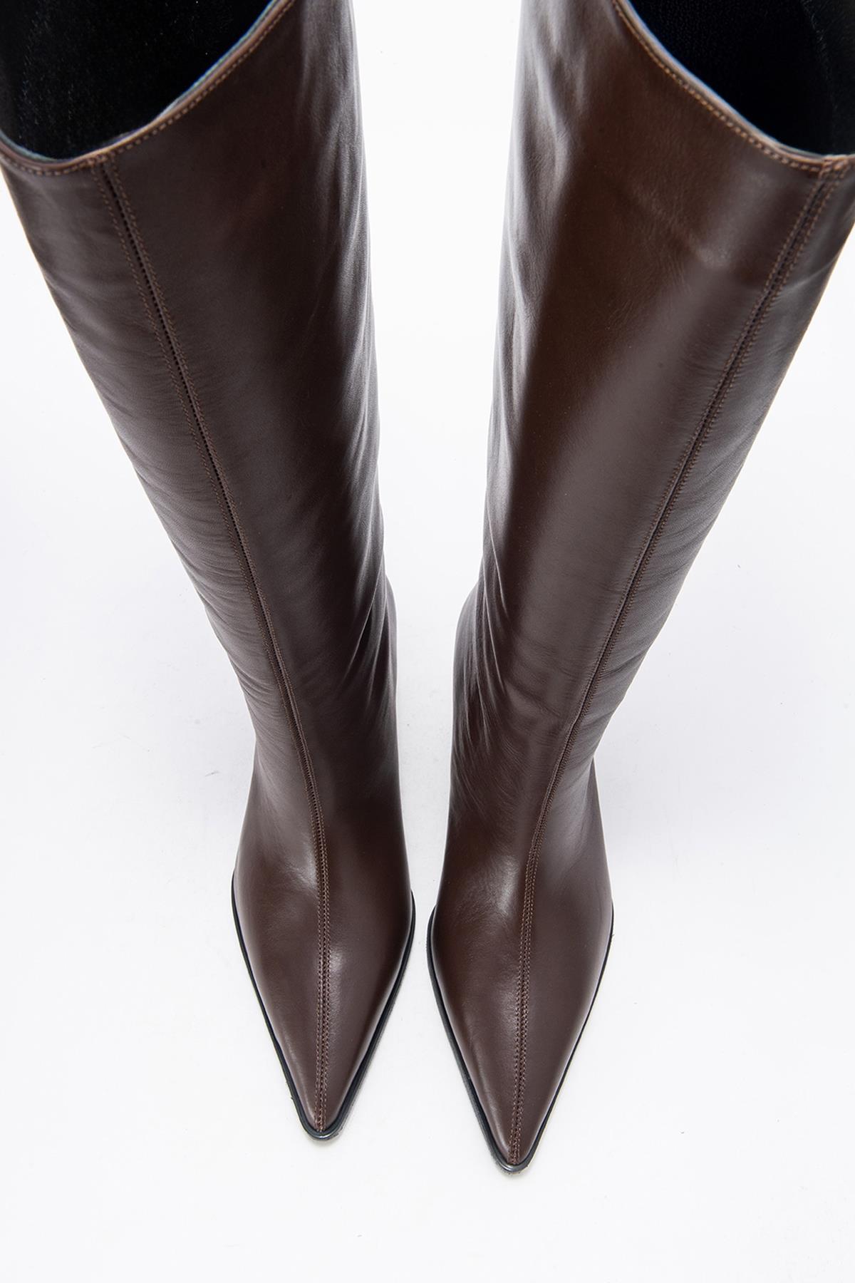 Siora - Brown Genuine Leather Low Heel Boot – side view showing leather, Vowalisse