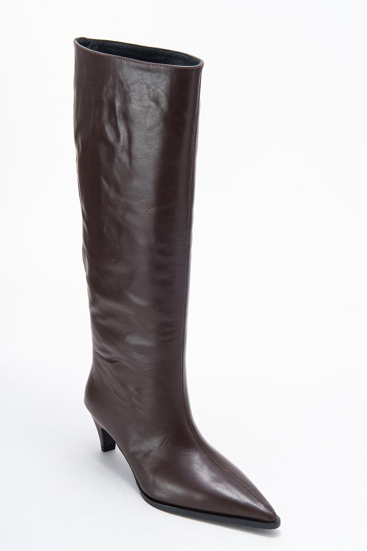 Siora - Brown Genuine Leather Low Heel Boot – detail view showing leather, Vowalisse