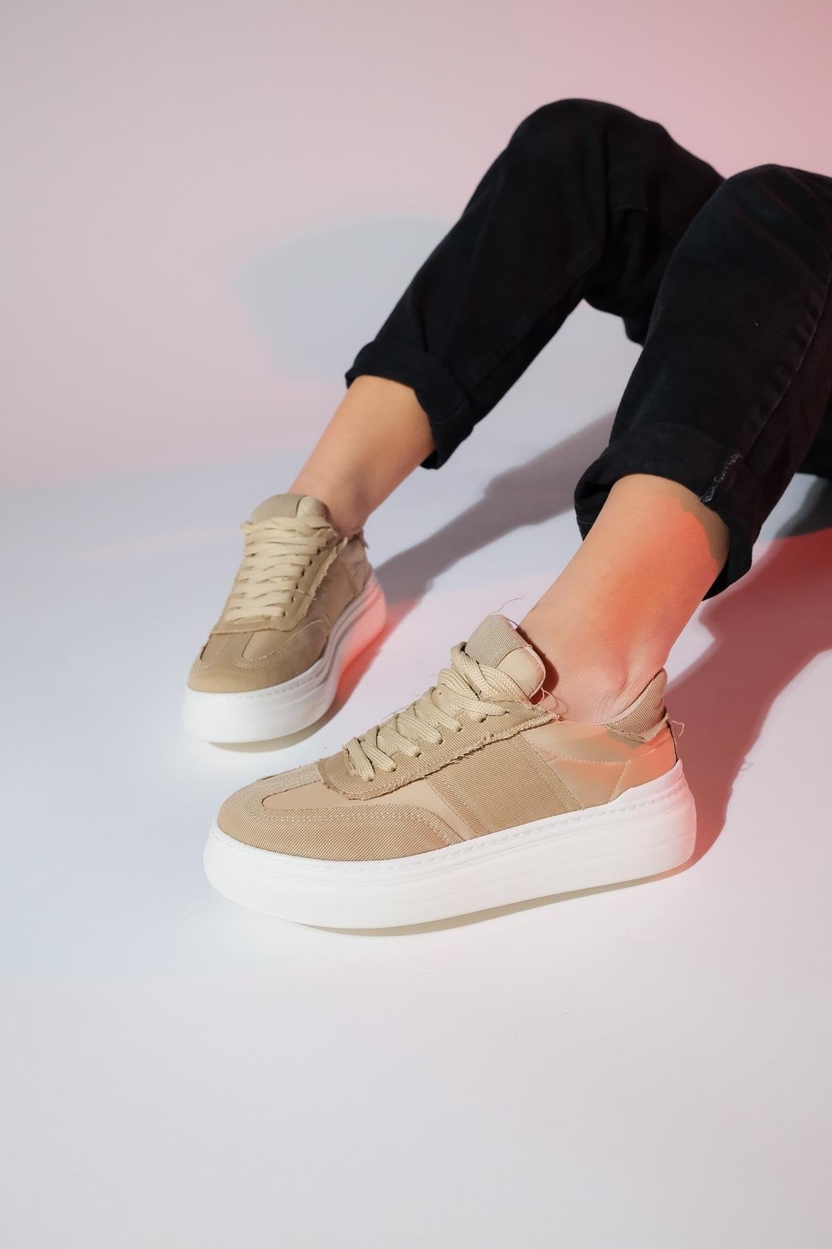 Jose - Beige Denim Sport Sneaker – side view showing leather, Vowalisse