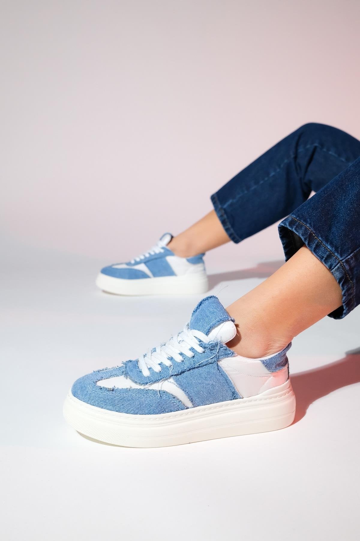Jose - Blue Denim Sport Sneaker – front three-quarter view showing leather, blue, Vowalisse