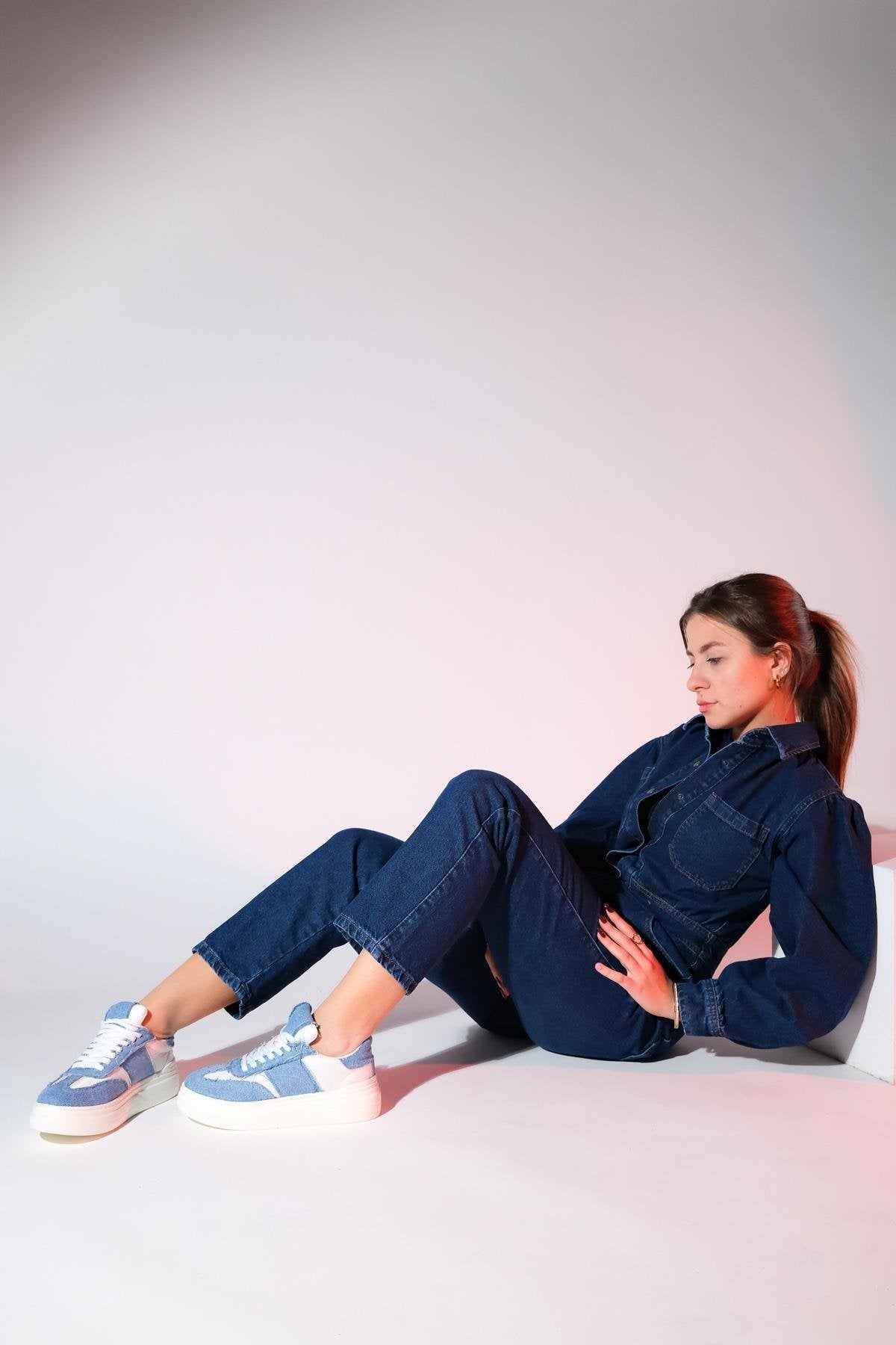 Jose - Blue Denim Sport Sneaker – heel view showing leather, blue, Vowalisse
