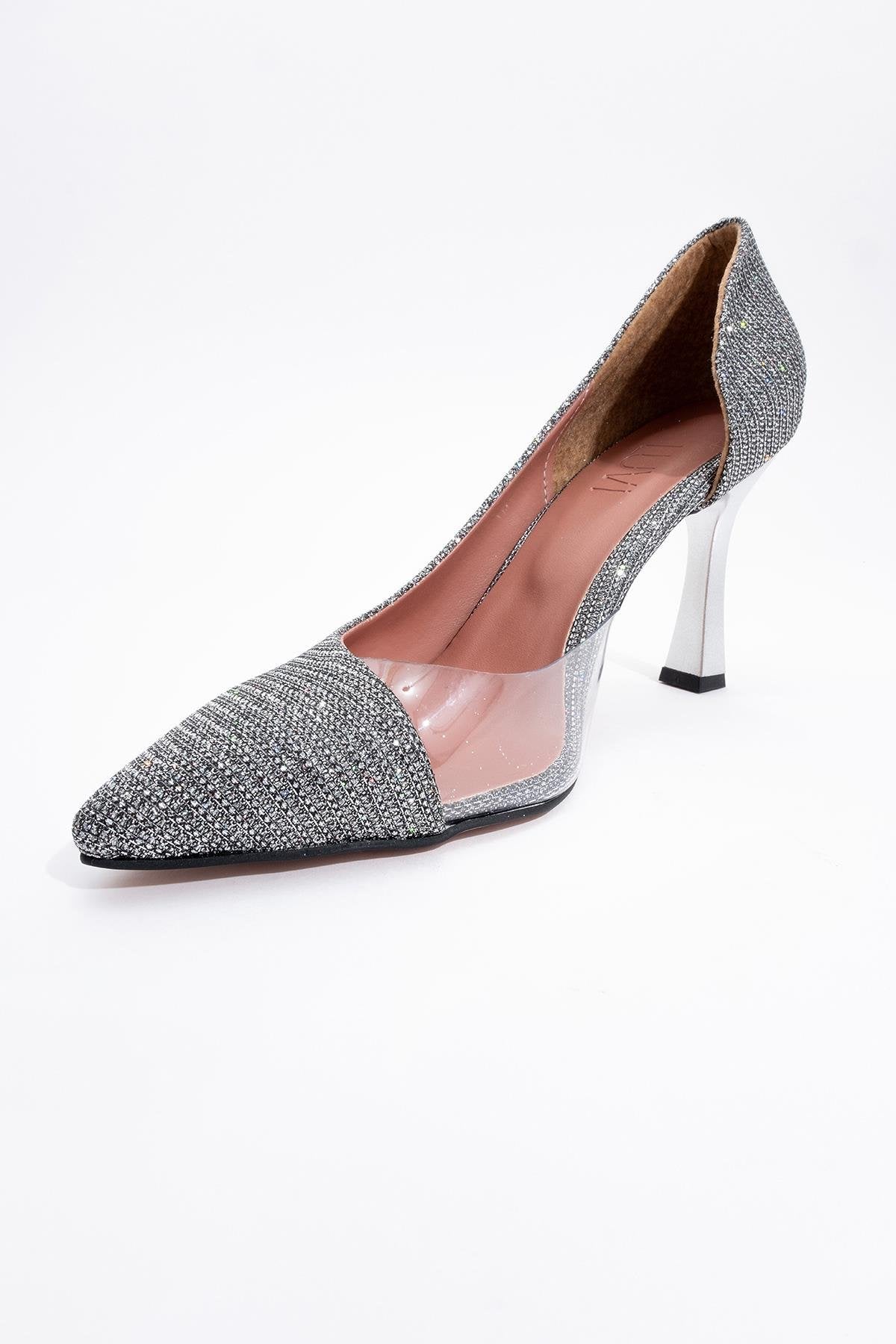 Ursula - Platinum Metallic Heeled Shoe – side view showing leather, metallic, Vowalisse