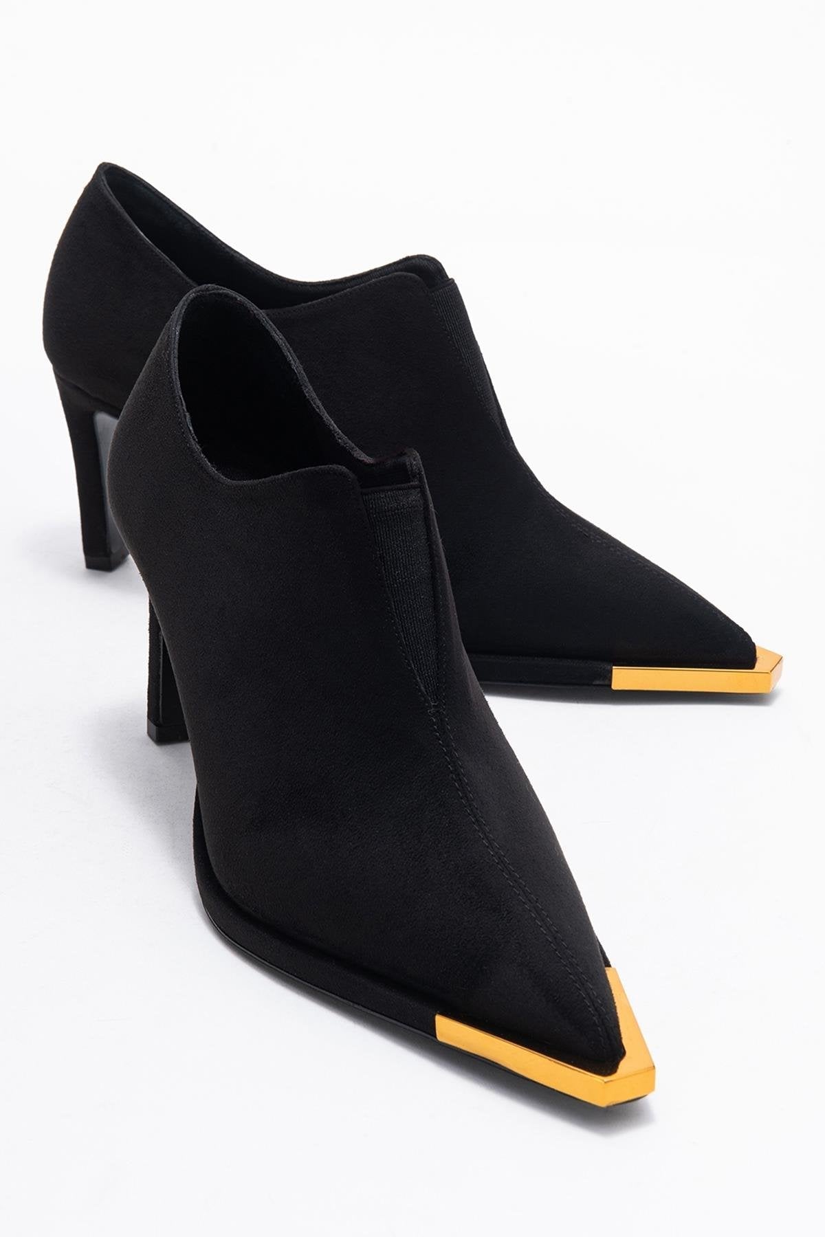 Niva - Black Suede Gold-Detail Elastic Ankle-Heeled Shoe – front three-quarter view showing velvet, suede, black, Vowalisse