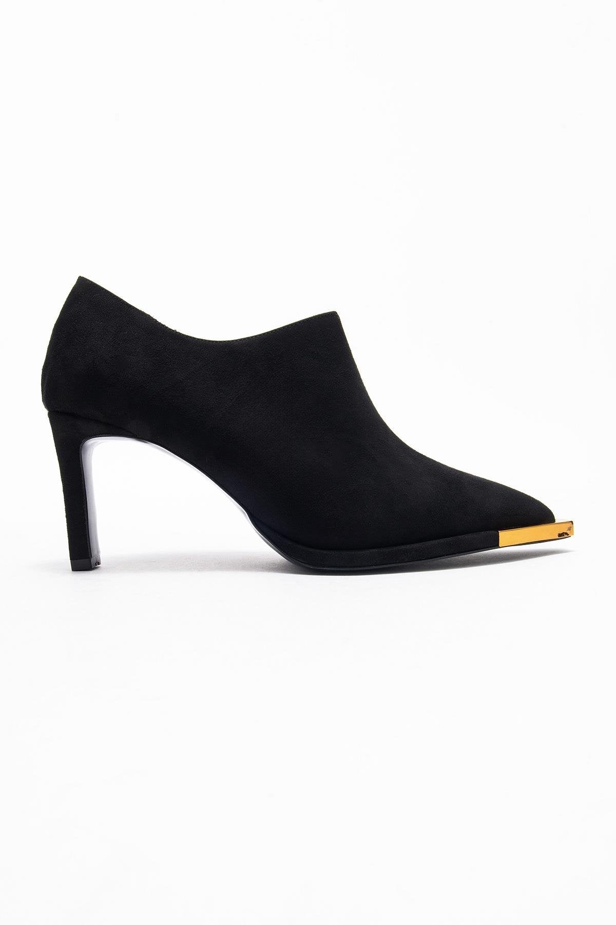Sona - Black Ankle-Heel Shoe – top view showing suede, black, Vowalisse