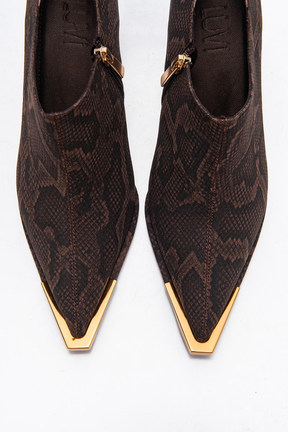Sona - Brown Patterned Ankle-Heel Shoe – side view showing leather, metallic, Vowalisse