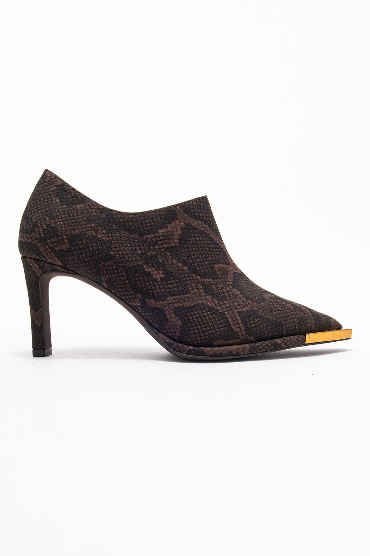 Sona - Brown Patterned Ankle-Heel Shoe – top view showing leather, metallic, Vowalisse