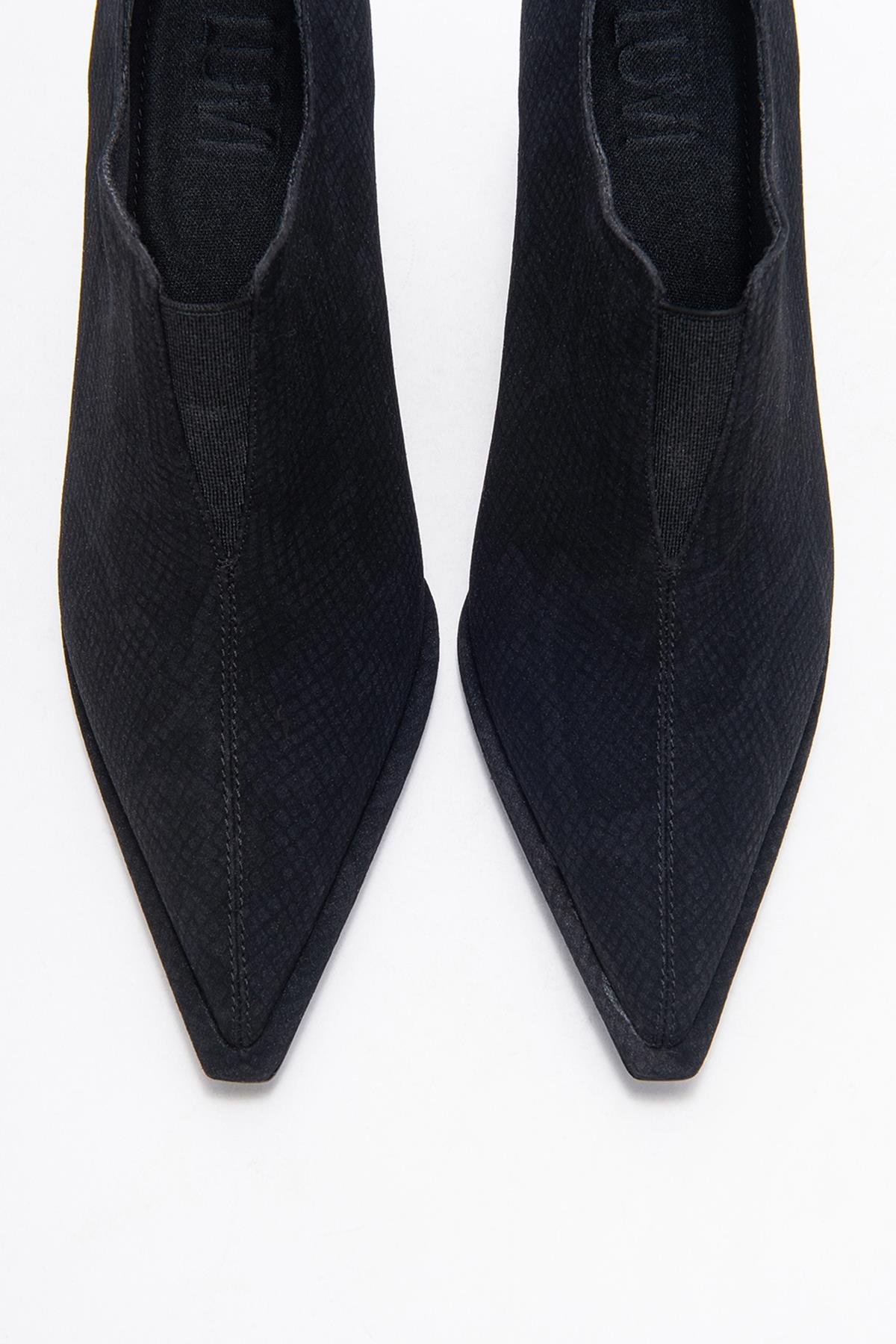 Alya - Black Patterned Elastic Ankle Stiletto Pump – side view showing leather, black, Vowalisse