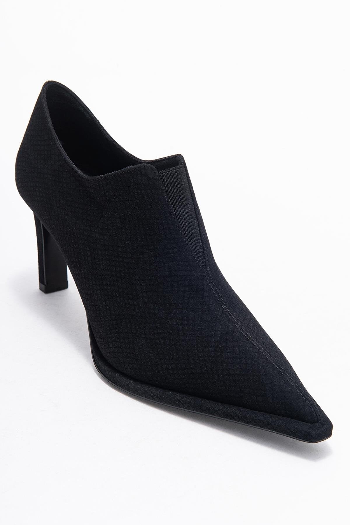 Alya - Black Patterned Elastic Ankle Stiletto Pump – detail view showing leather, black, Vowalisse
