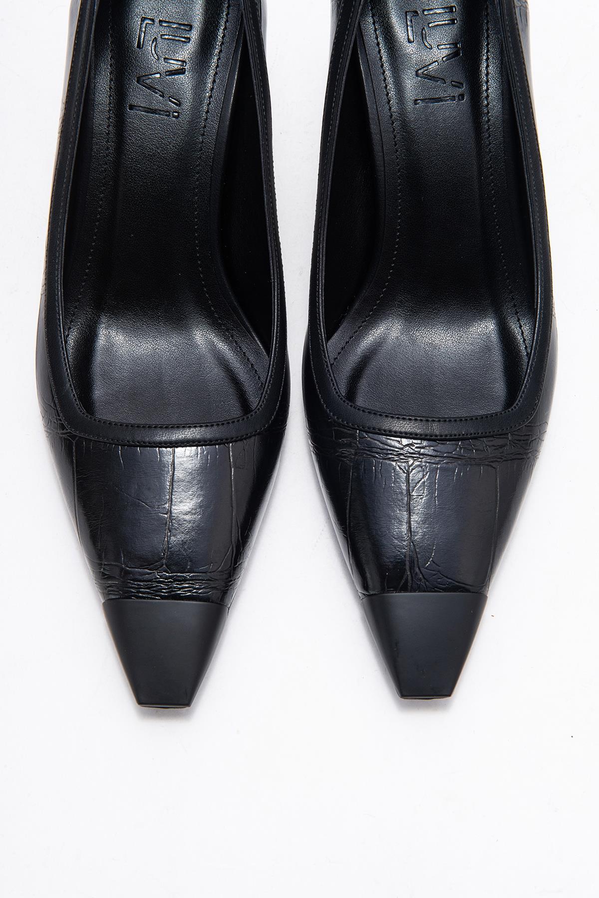 Rona - Black Printed Pointed Toe Stiletto Pump – side view showing leather, black, red, Vowalisse