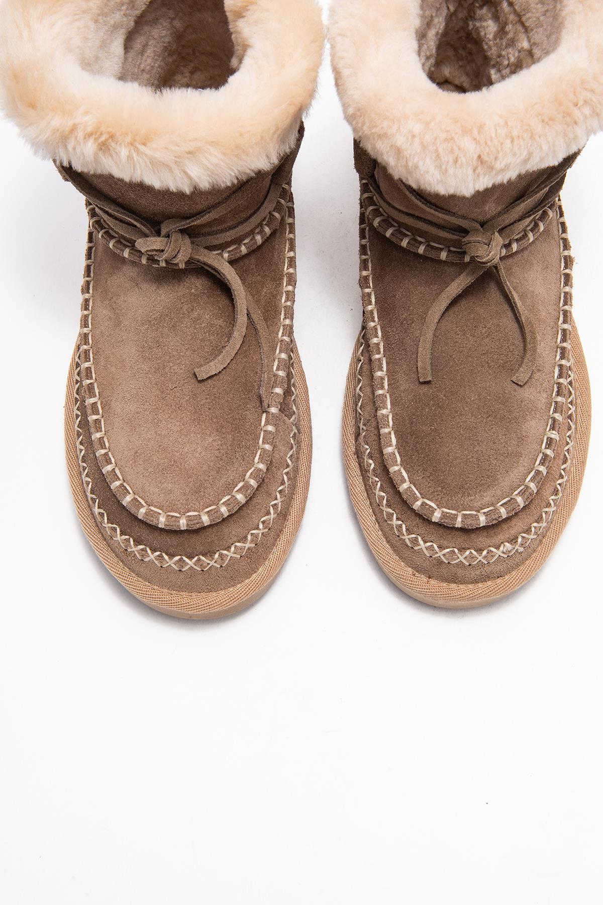 Jorel - Sand Genuine Leather Fur-Lined Ankle Boot – side view showing leather, suede, Vowalisse