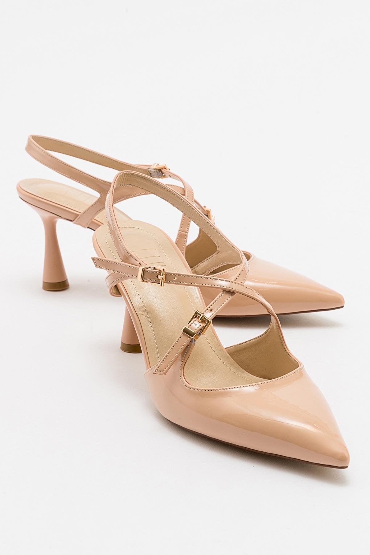 Coje - Beige Patent Pointed Toe Stiletto Pump – front three-quarter view showing leather, Vowalisse