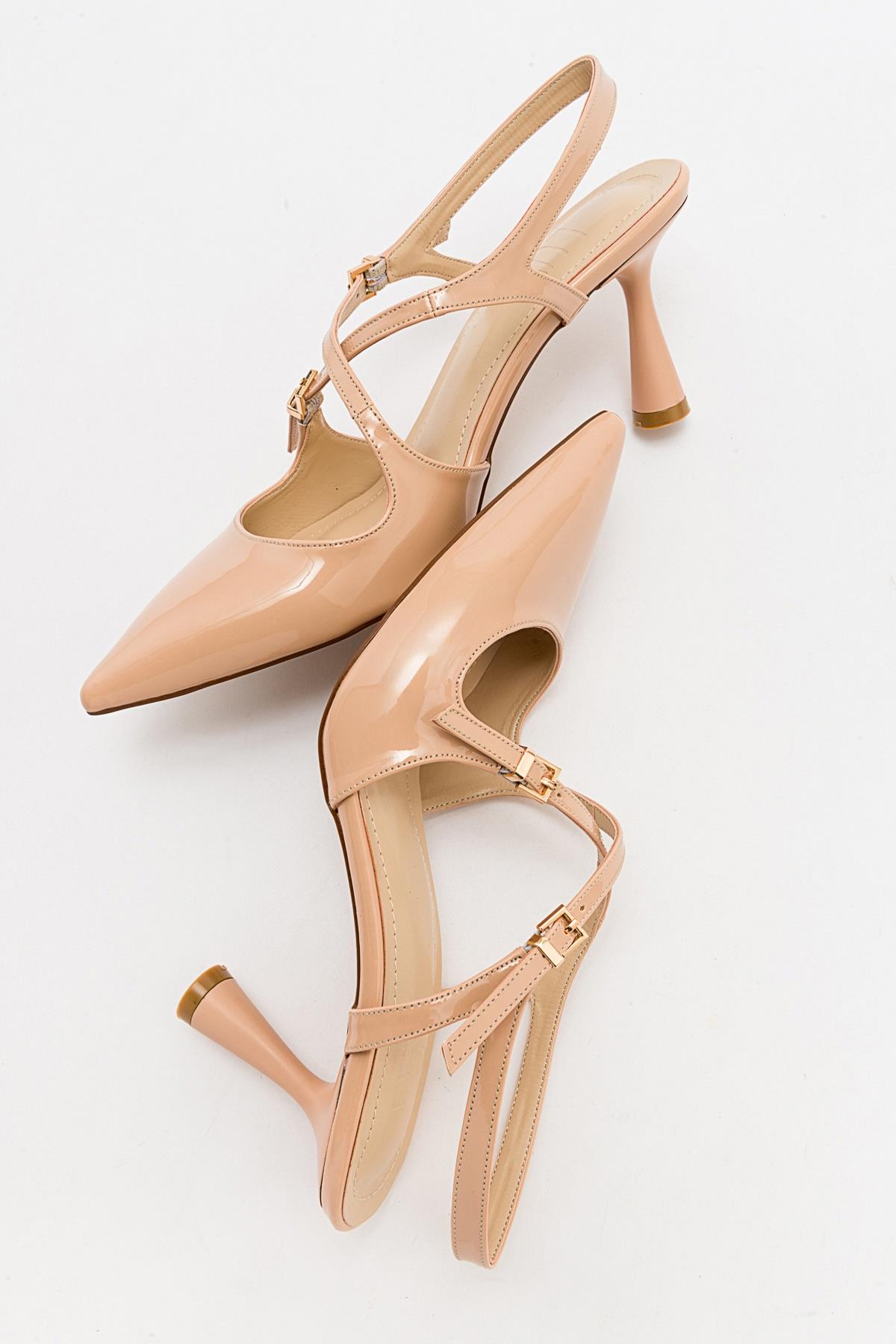 Coje - Beige Patent Pointed Toe Stiletto Pump – back view showing leather, Vowalisse