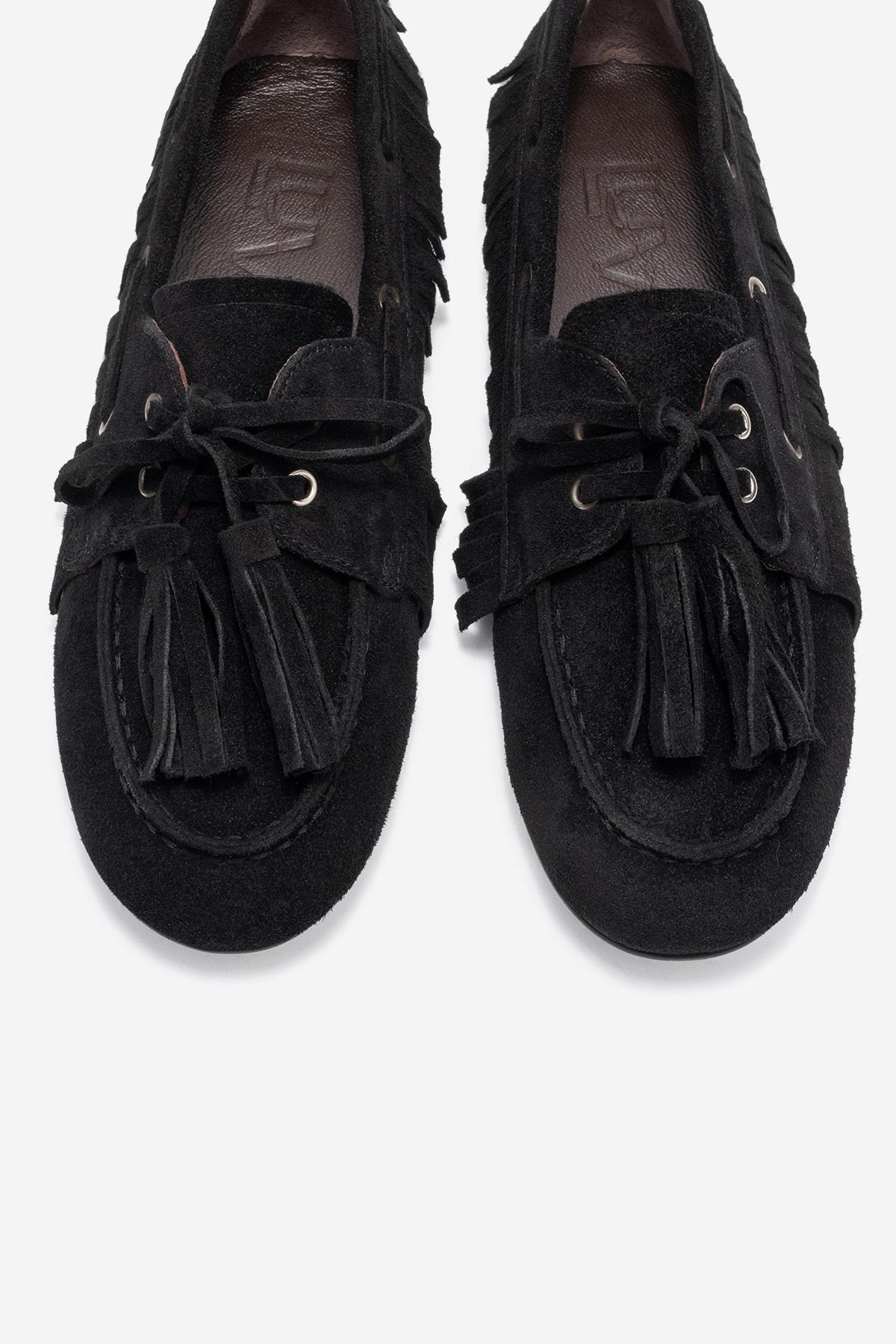 Fenora - Black Genuine Leather Fringed Tassel Loafer – side view showing leather, black, Vowalisse