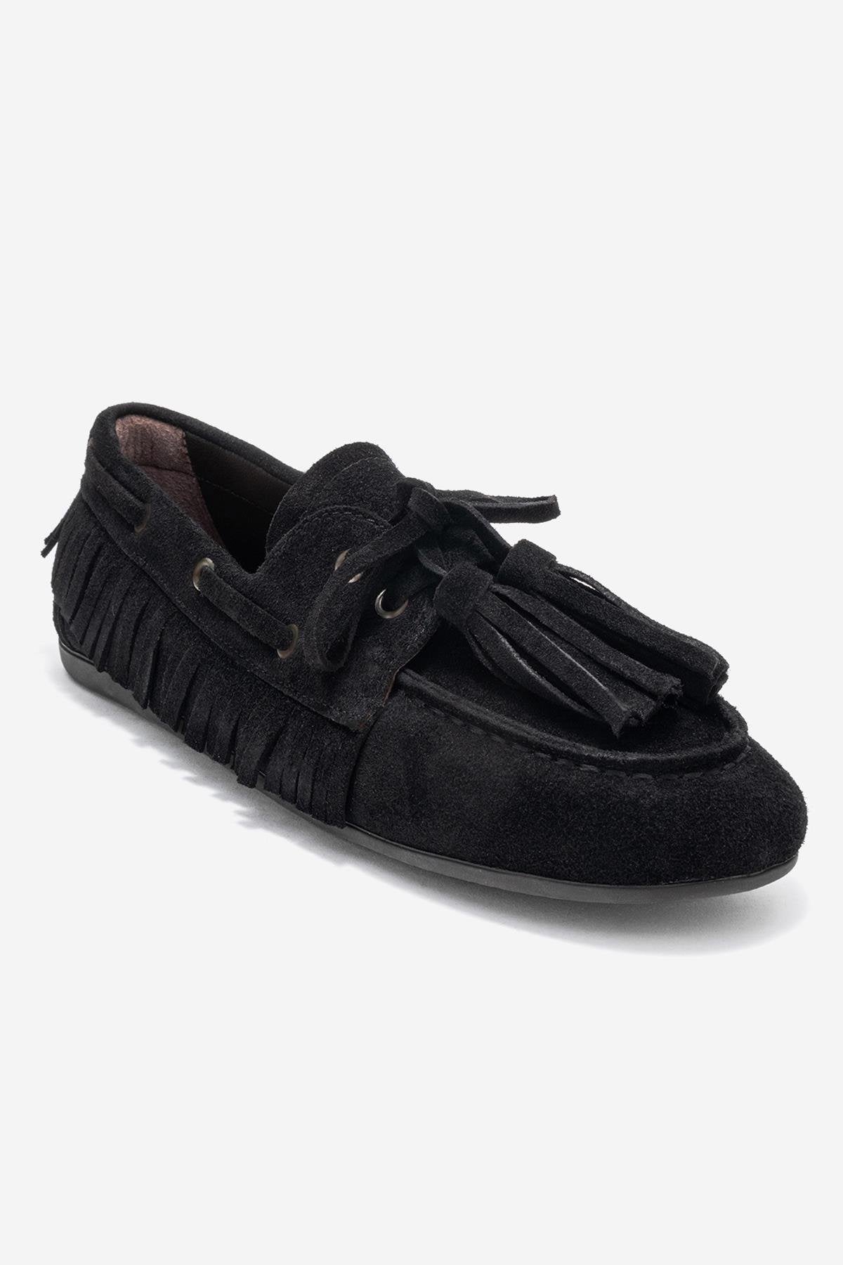 Fenora - Black Genuine Leather Fringed Tassel Loafer – detail view showing leather, black, Vowalisse