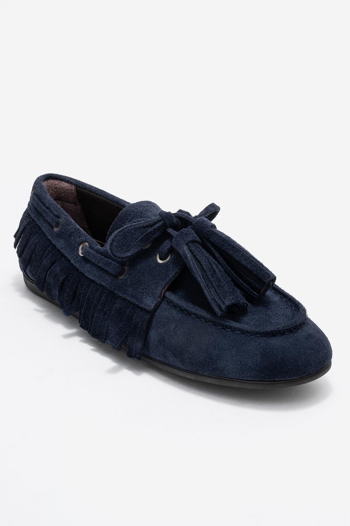 Fenora - Navy Genuine Leather Fringed Tassel Loafer – detail view showing leather, Vowalisse