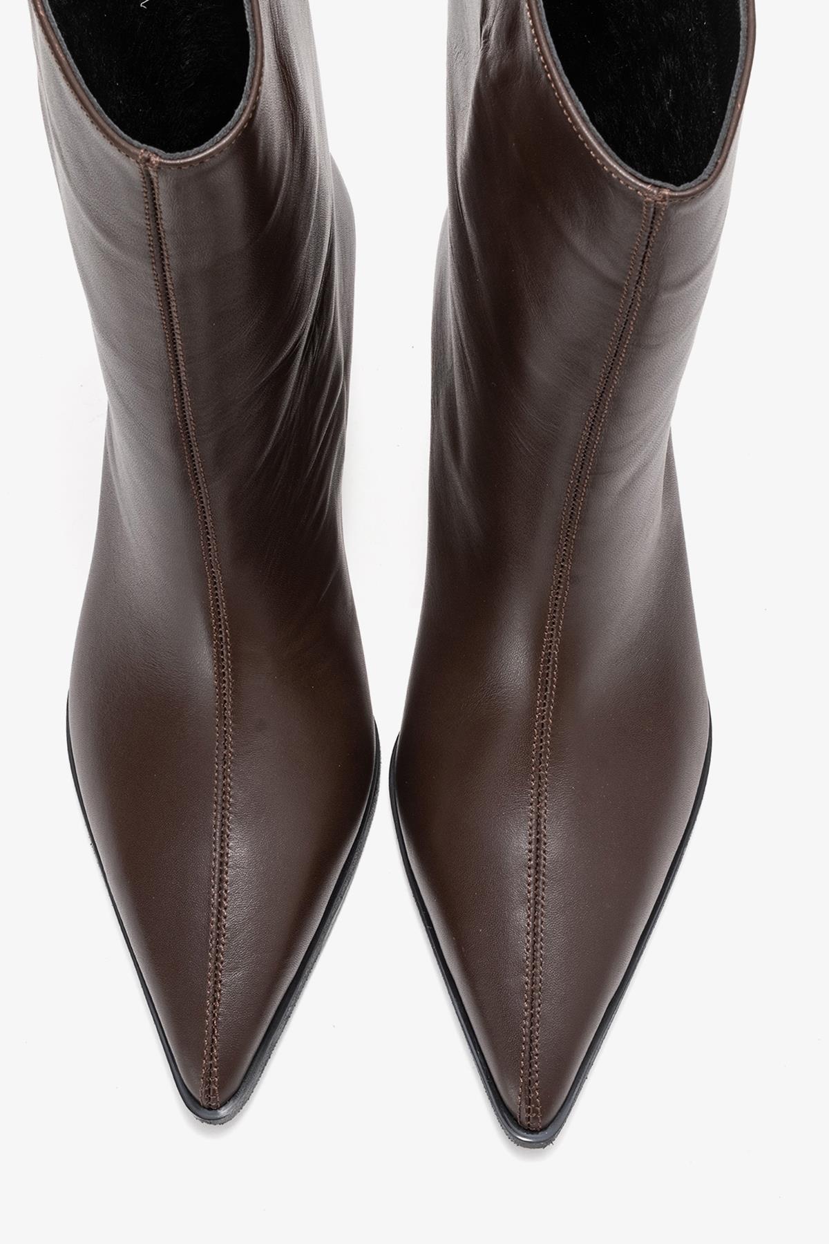Aleo - Brown Genuine Leather Pointed Toe Low Heel Boot – side view showing leather, Vowalisse