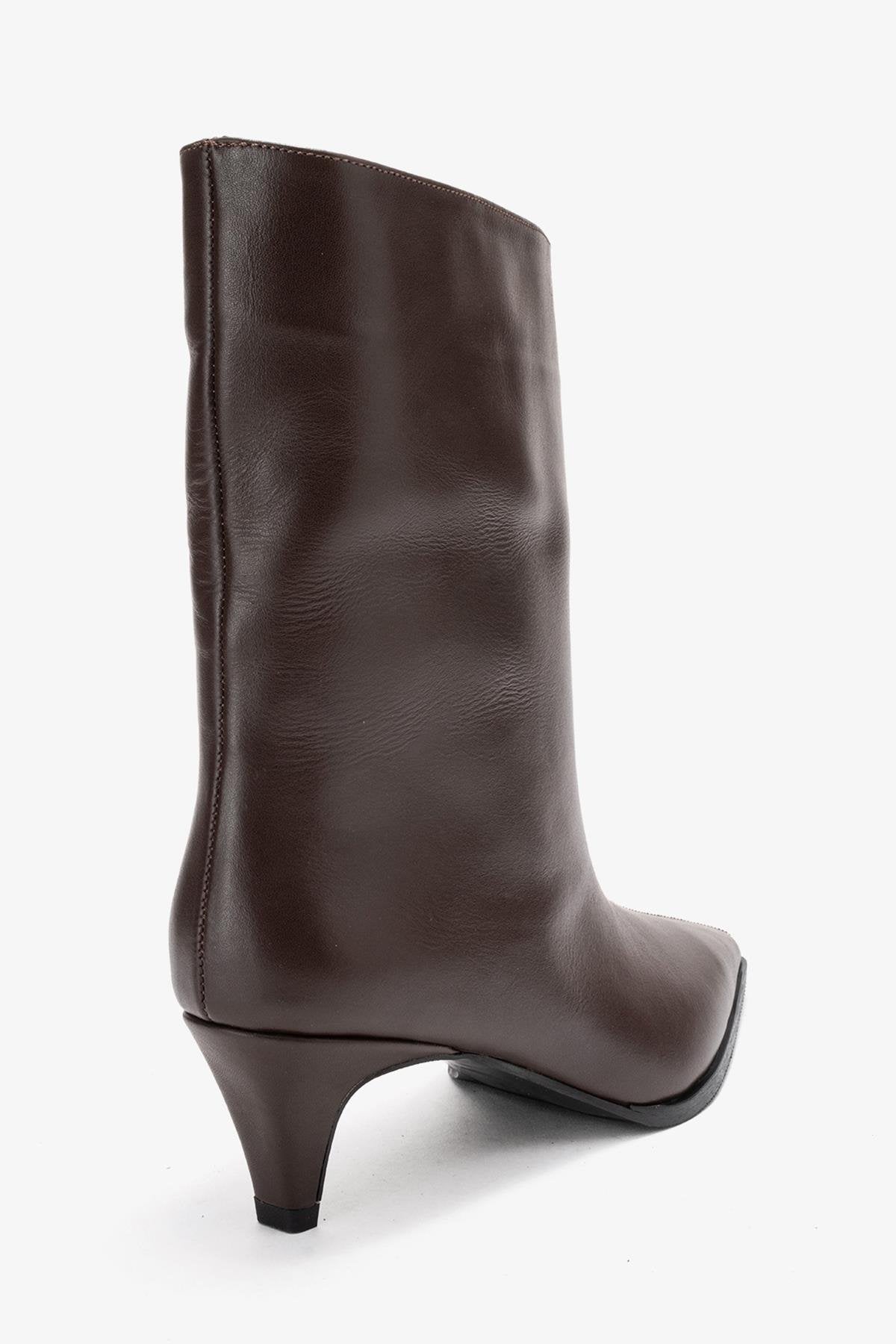 Aleo - Brown Genuine Leather Pointed Toe Low Heel Boot – back view showing leather, Vowalisse