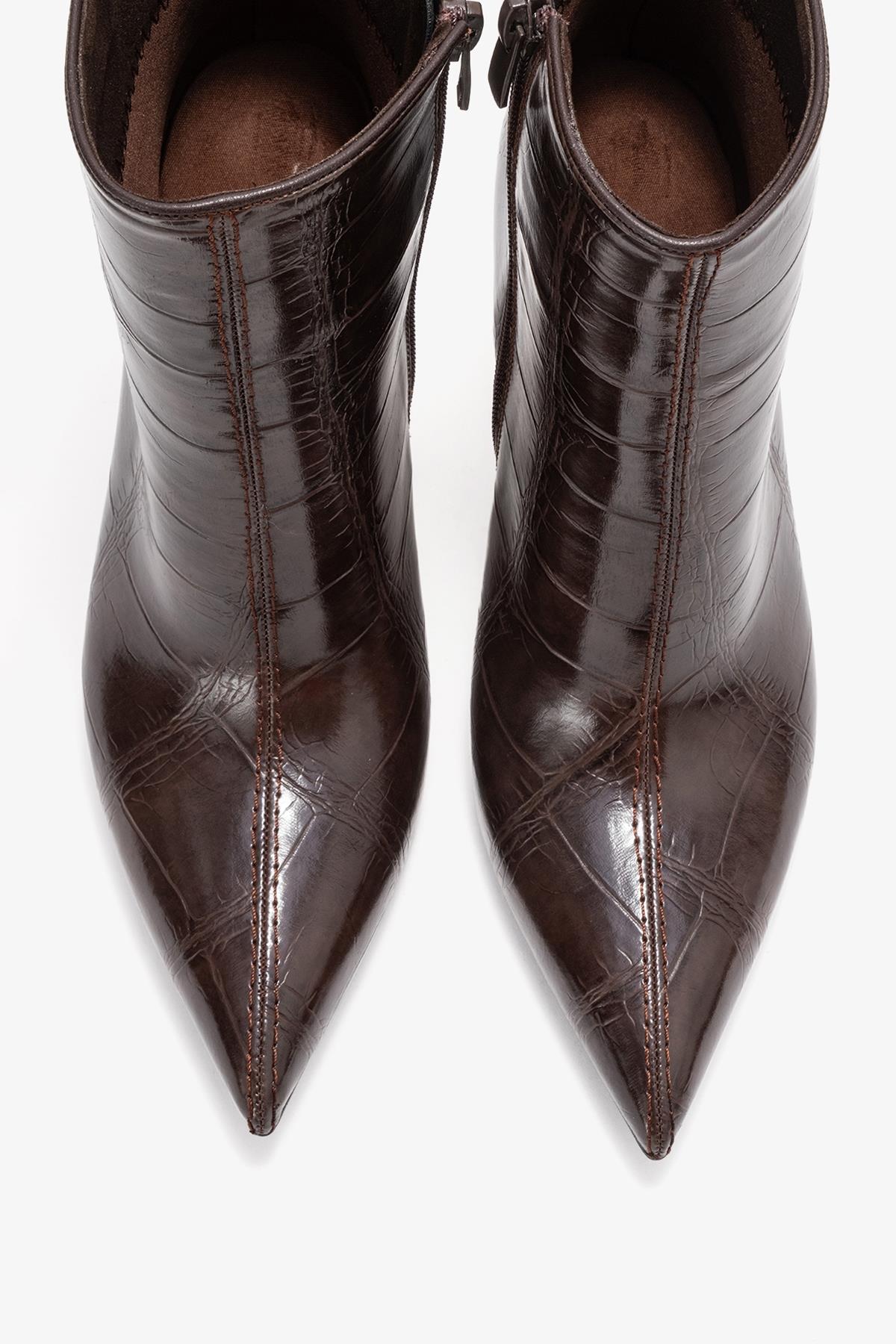 Crista - Brown Stiletto Heel Pointed Toe Boot – side view showing leather, Vowalisse