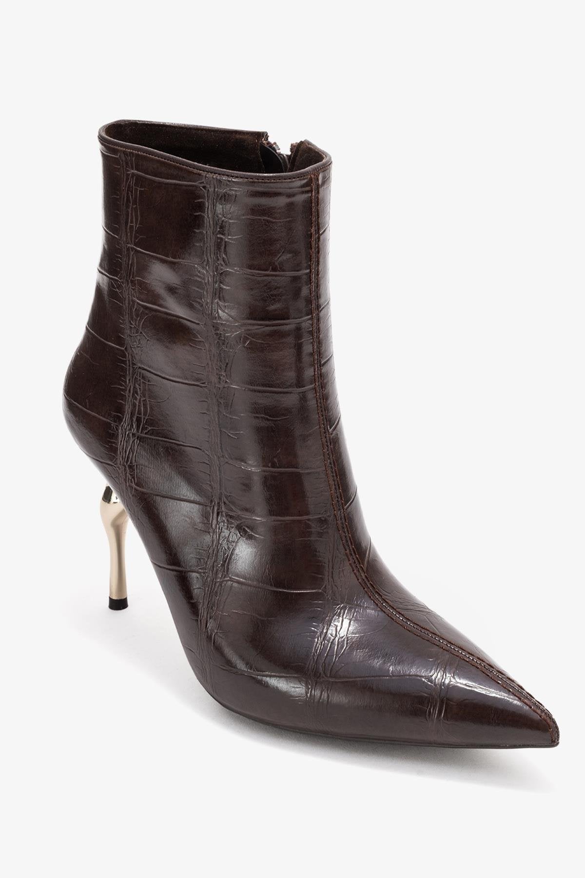 Crista - Brown Stiletto Heel Pointed Toe Boot – detail view showing leather, Vowalisse