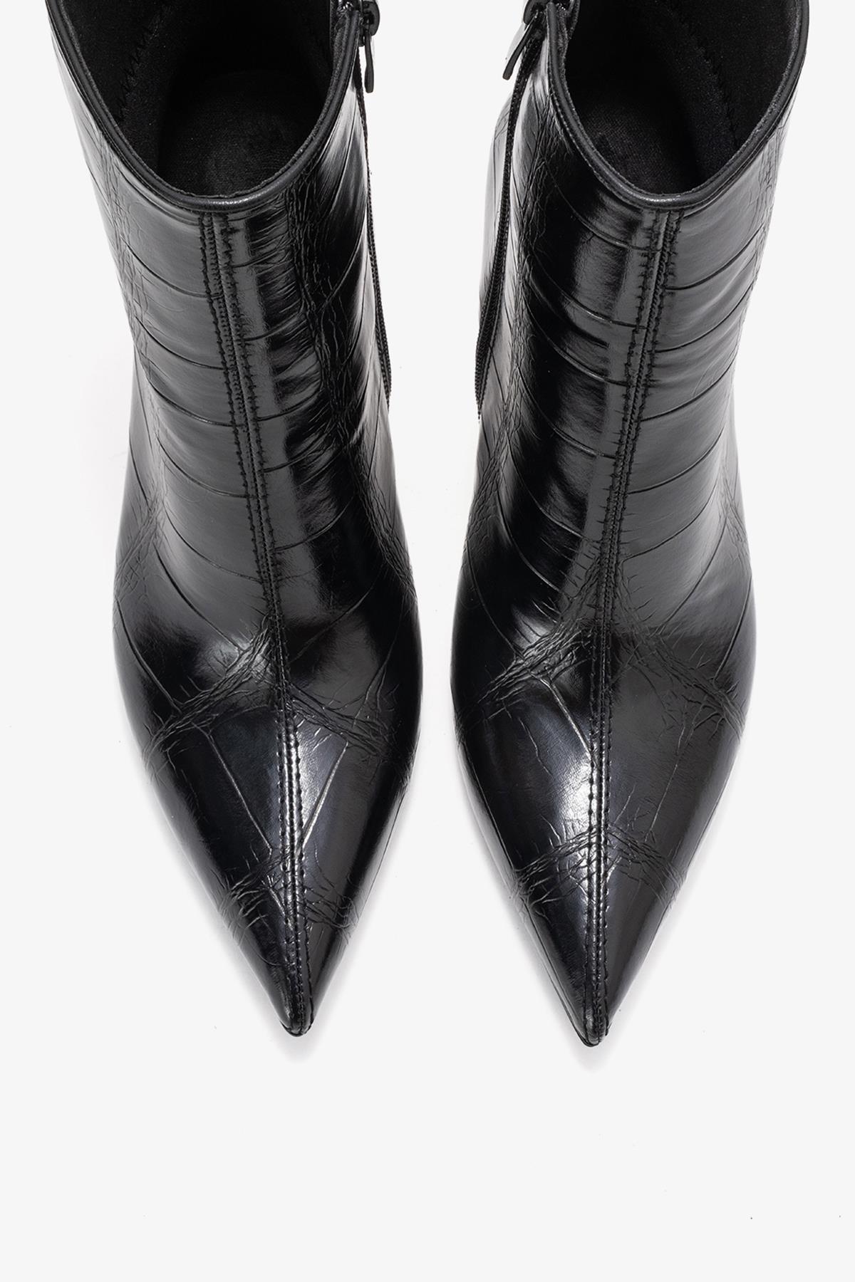 Crista - Black Stiletto Heel Pointed Toe Boot – side view showing leather, black, Vowalisse