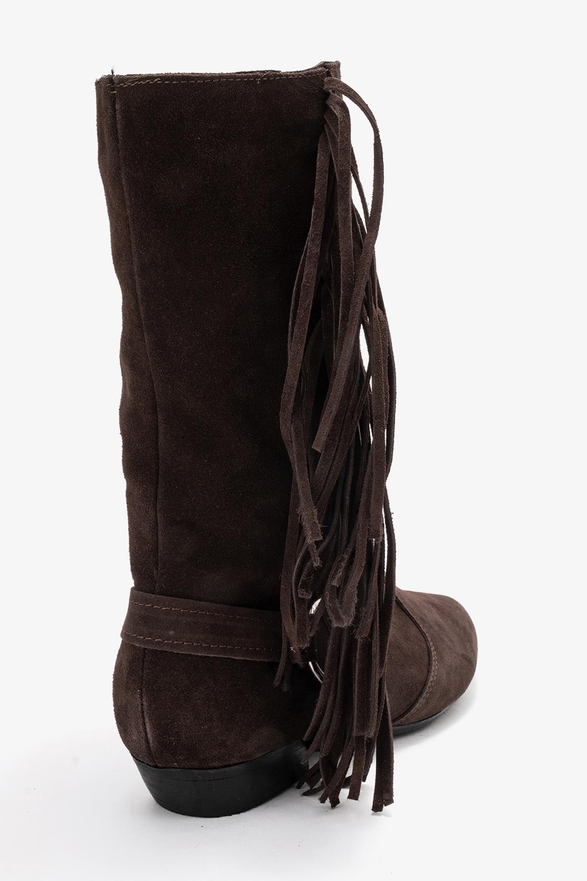 Selora - Brown Genuine Leather Buckle Western Boot – back view showing leather, suede, Vowalisse