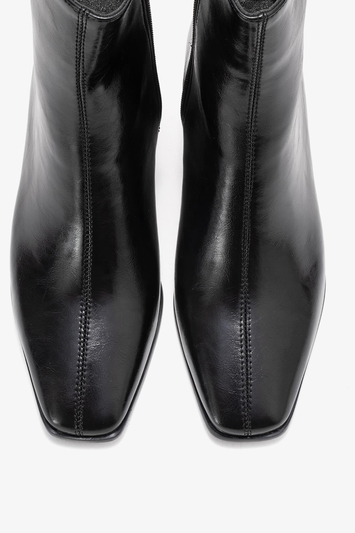 Arven - Black Square Toe Block Heel Boot – side view showing leather, black, Vowalisse