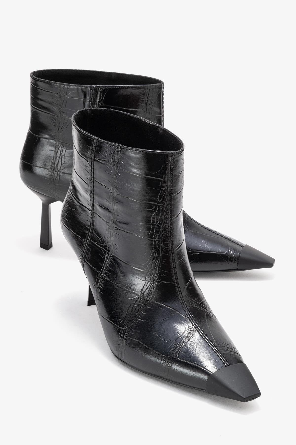 Rassel - Black Printed Pointed Toe Stiletto Boot – front three-quarter view showing leather, black, Vowalisse