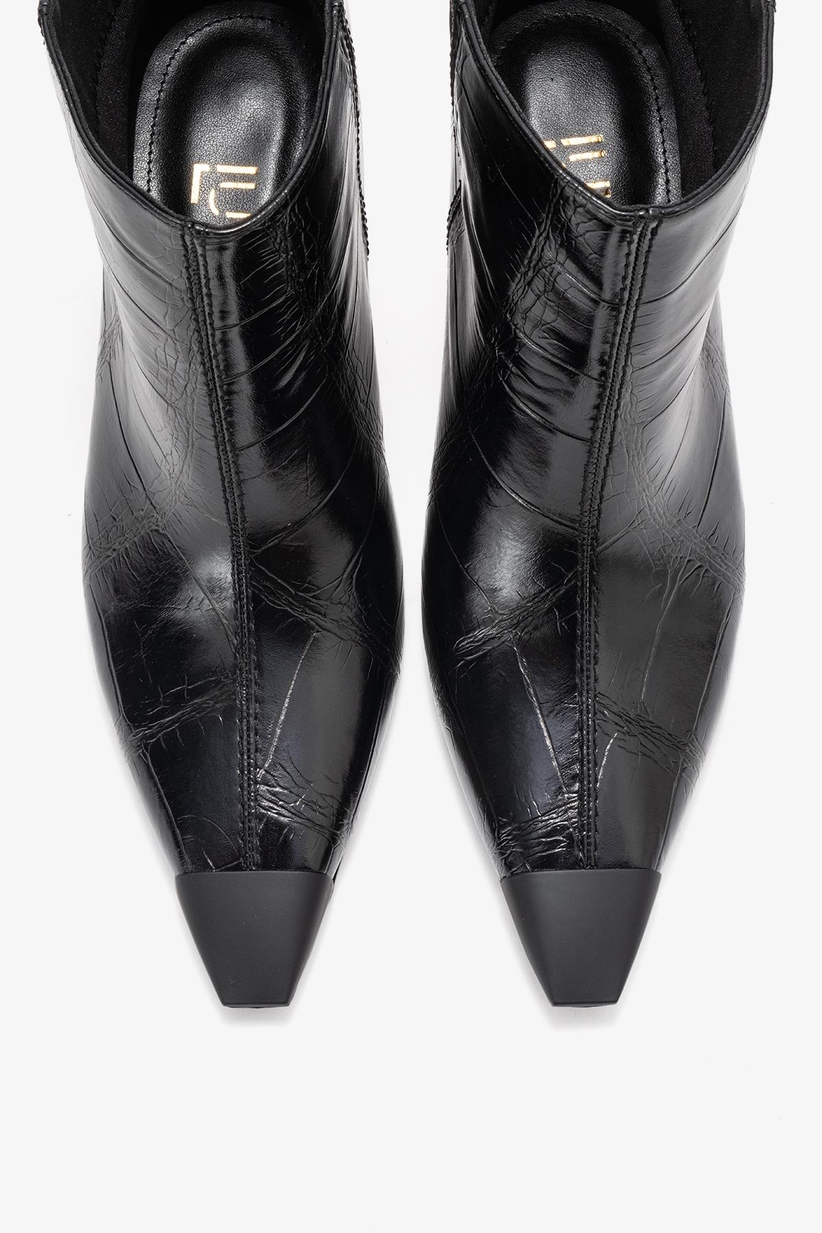 Rassel - Black Printed Pointed Toe Stiletto Boot – side view showing leather, black, Vowalisse