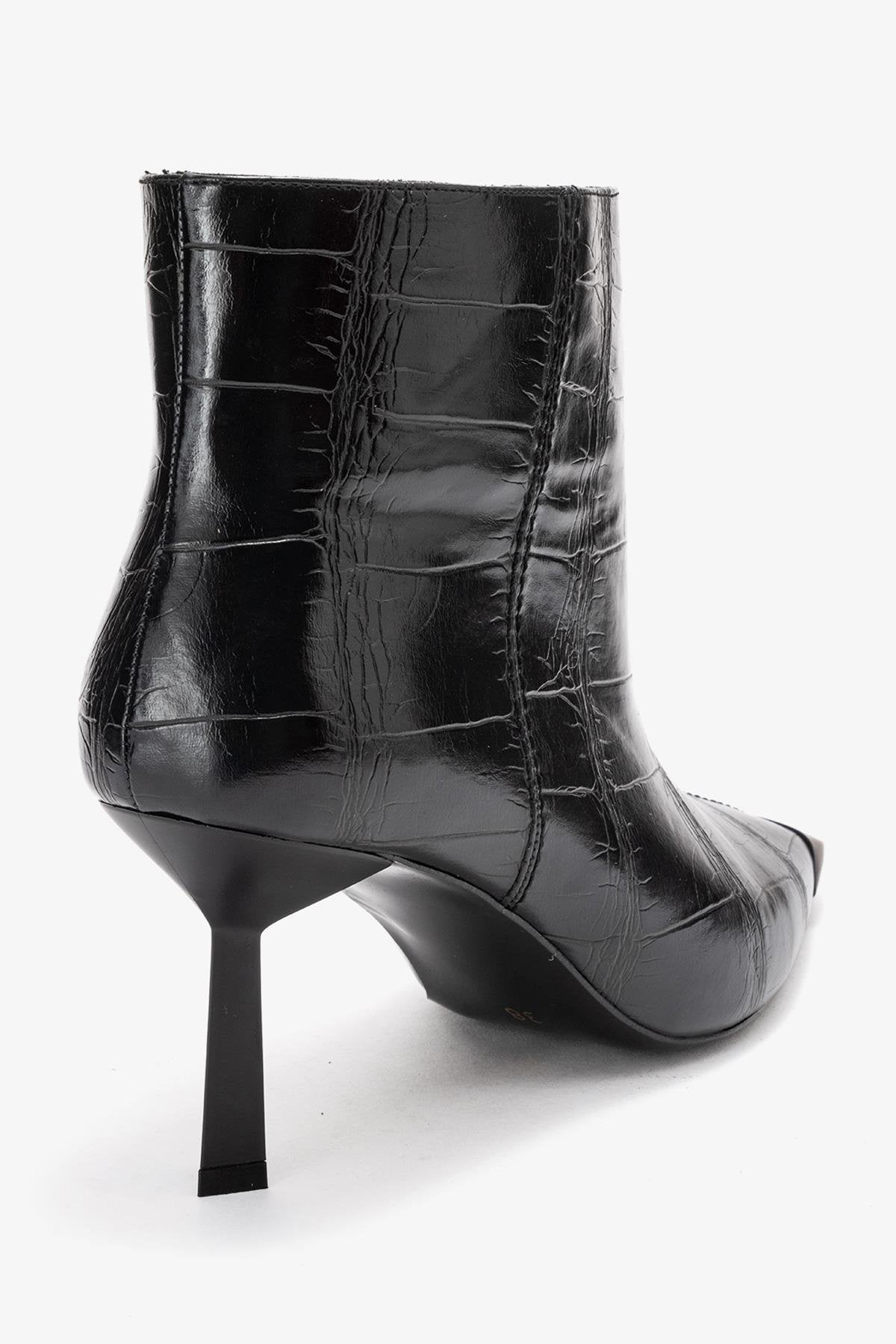 Rassel - Black Printed Pointed Toe Stiletto Boot – back view showing leather, black, Vowalisse