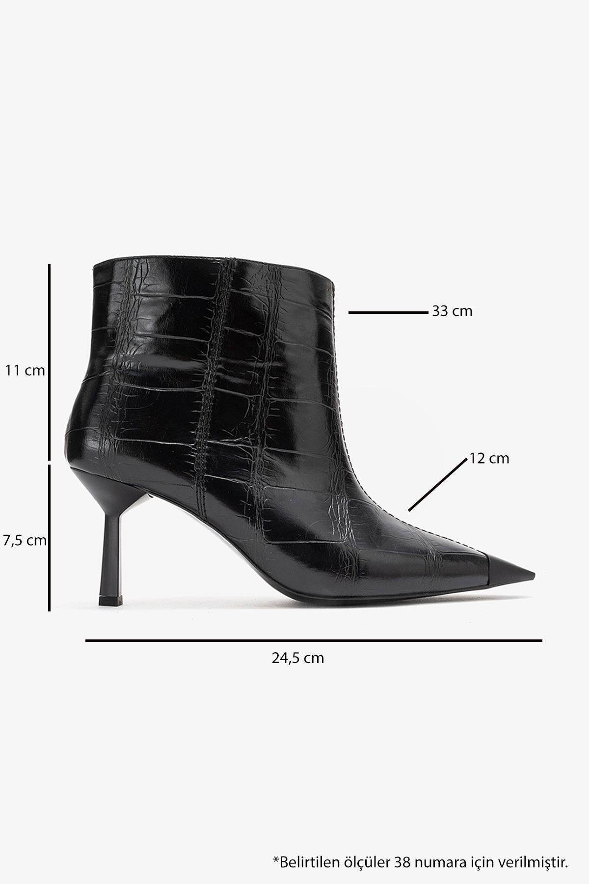 Rassel - Black Printed Pointed Toe Stiletto Boot – top view showing leather, black, Vowalisse