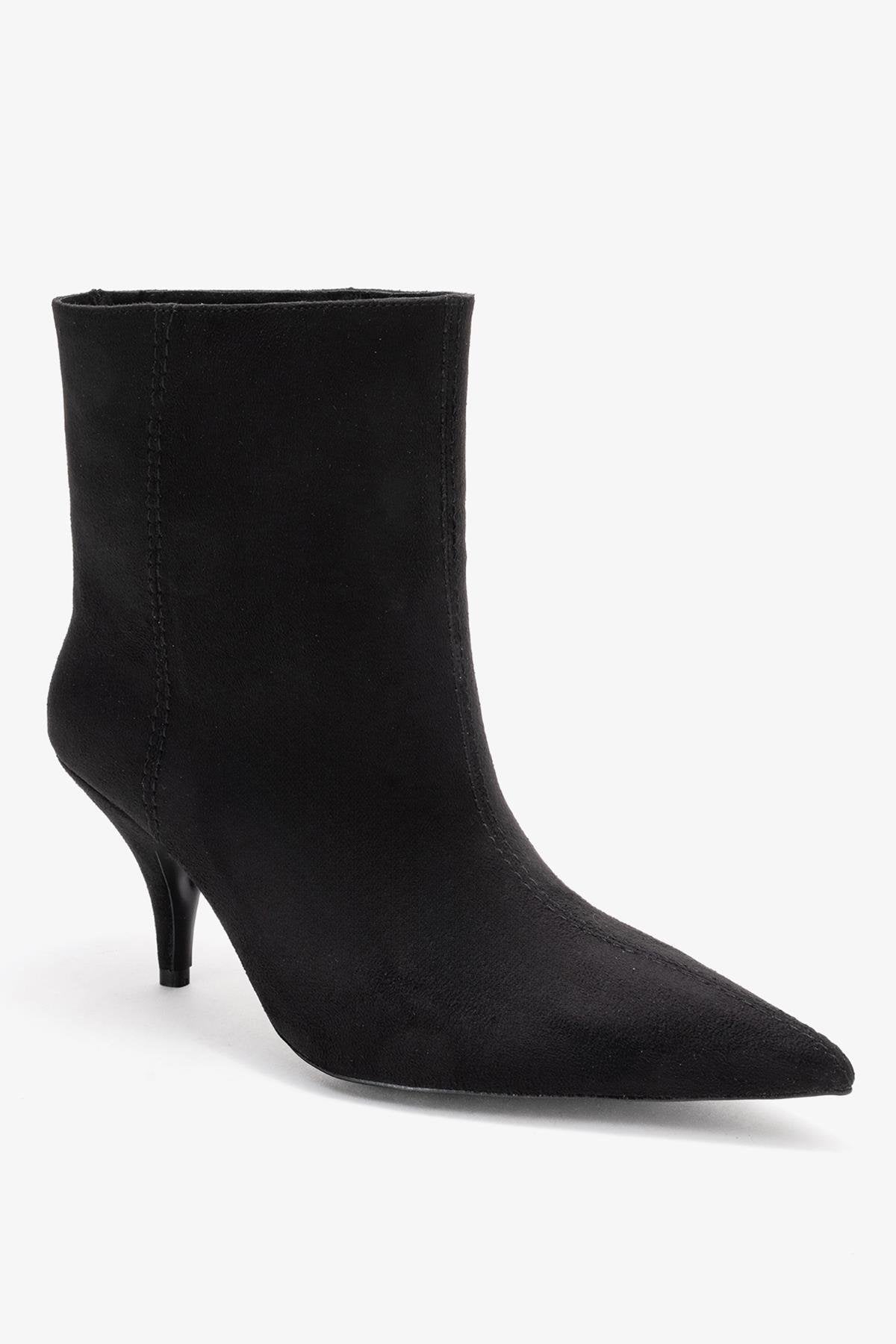 Brivelle - Black Suede Pointed Toe Heeled Boot – detail view showing suede, black, Vowalisse