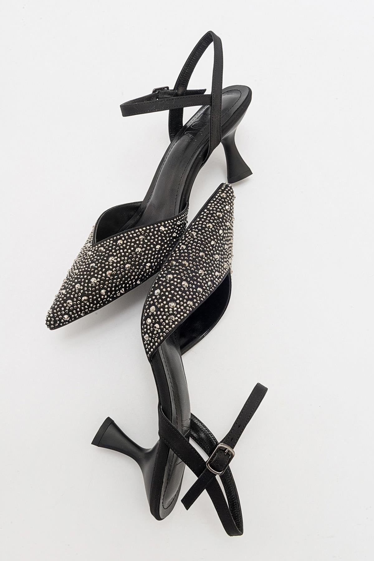 Vilka - Black Sparkling Slingback Kitten Heels – back view showing leather, black, red, Vowalisse
