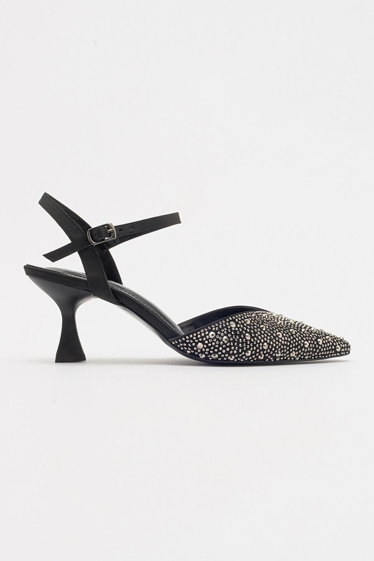 Vilka - Black Sparkling Slingback Kitten Heels – top view showing leather, black, red, Vowalisse