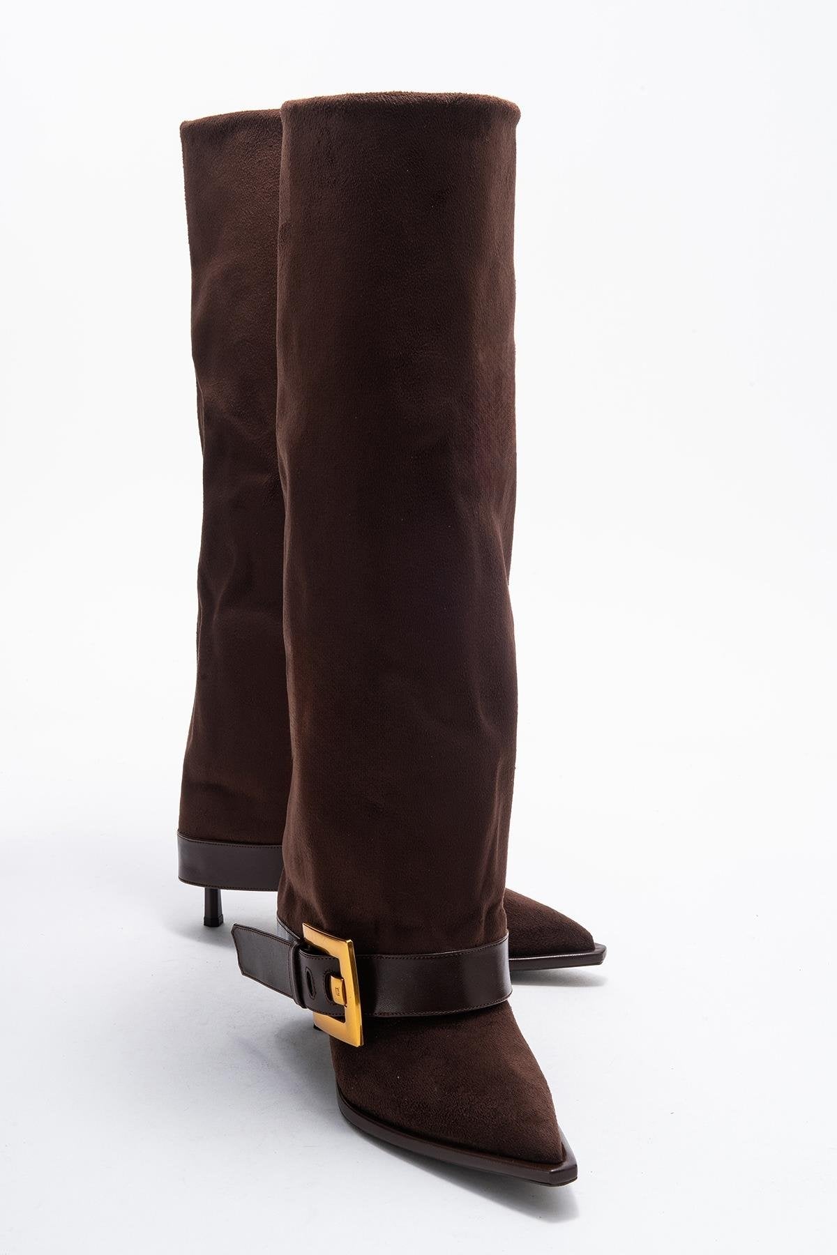 Elva - Brown Buckle Stiletto Boot – front three-quarter view showing suede, Vowalisse
