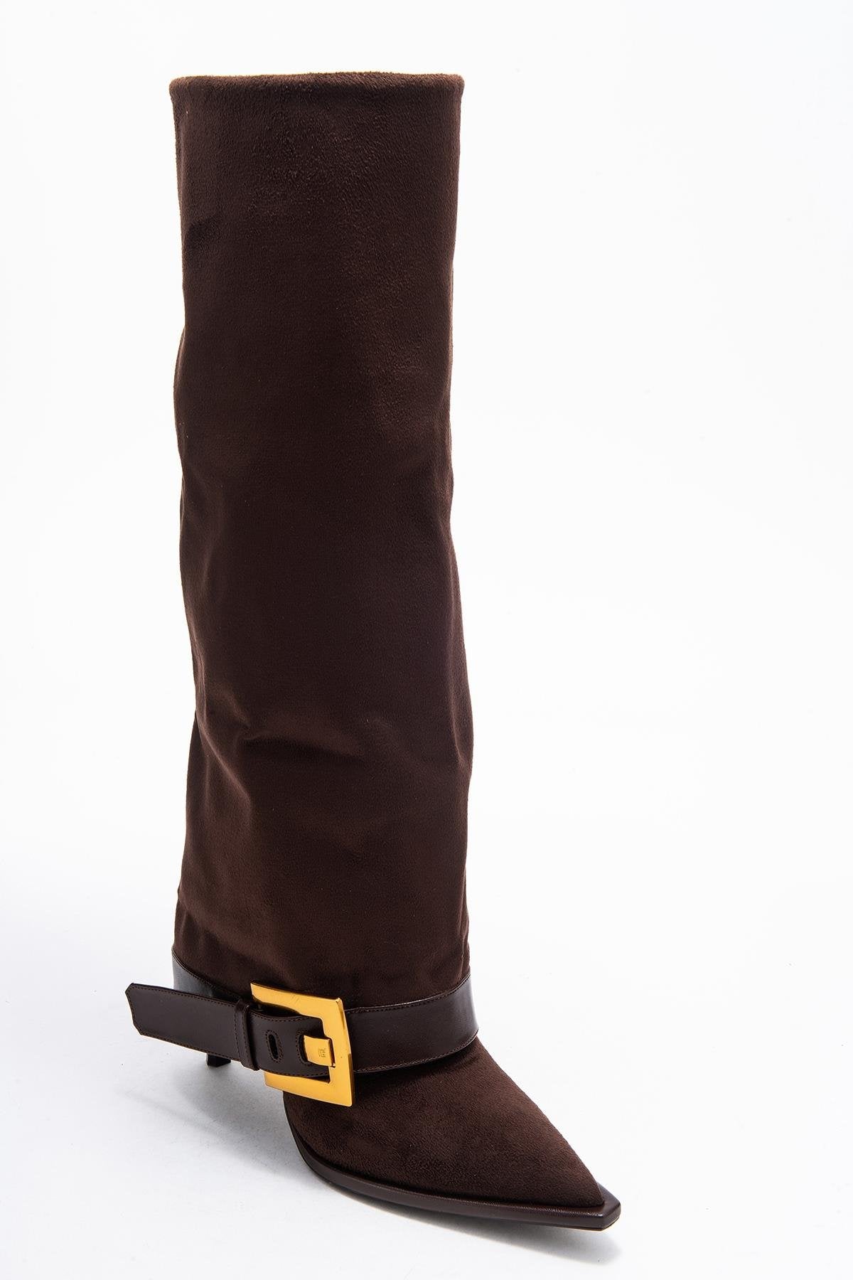Elva - Brown Buckle Stiletto Boot – heel view showing suede, Vowalisse