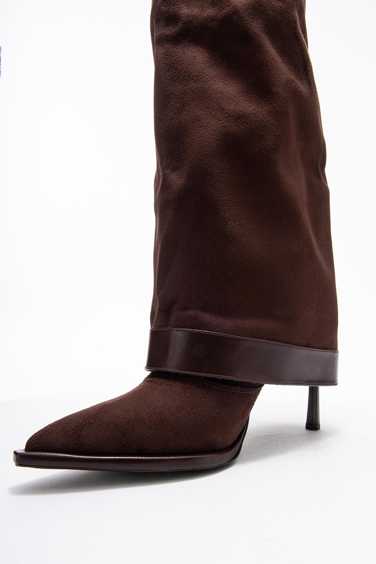 Elva - Brown Buckle Stiletto Boot – back view showing suede, Vowalisse