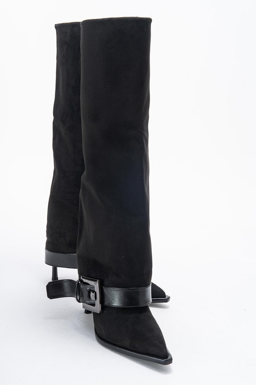 Elva - Black Buckle-Strap Stiletto Knee-High Boot
