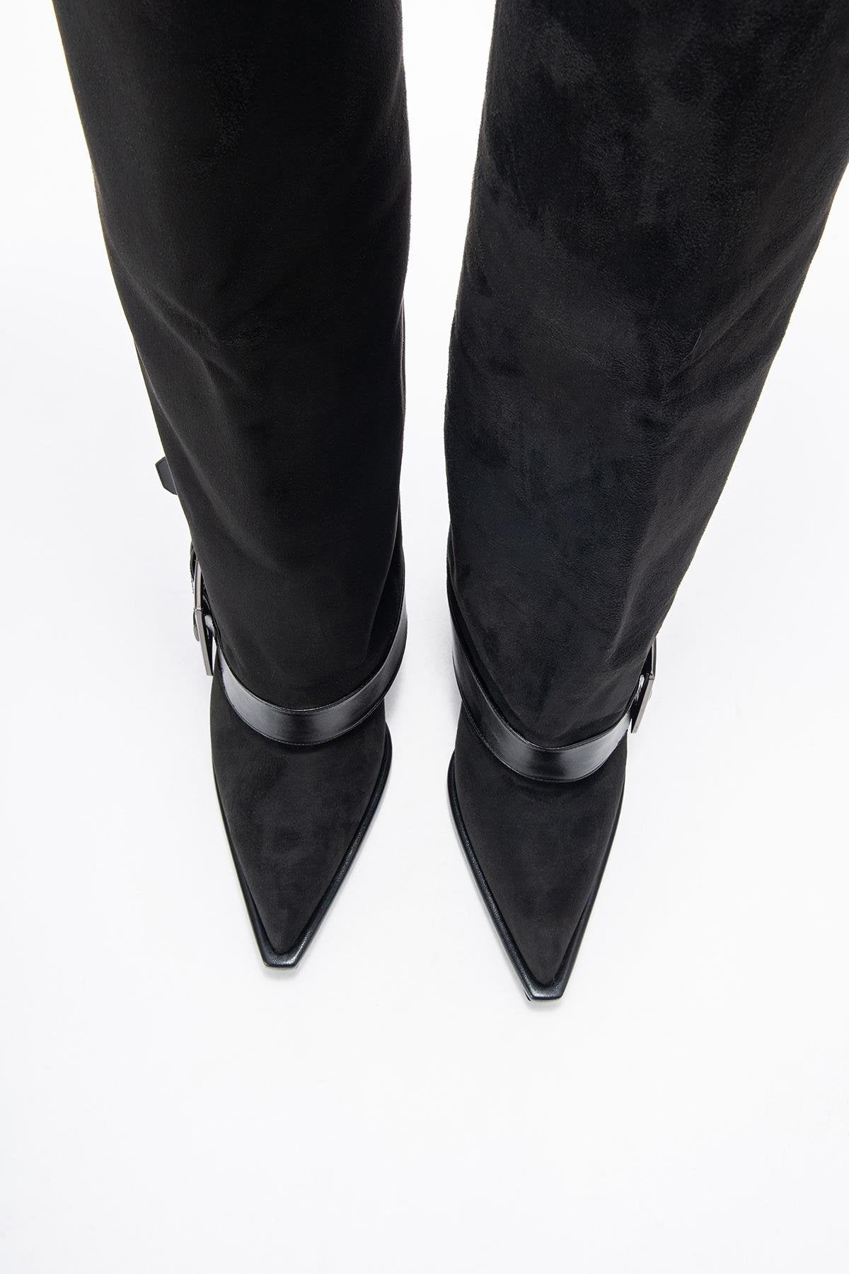 Elva - Black Buckle-Strap Stiletto Knee-High Boot – side view showing suede, black, Vowalisse