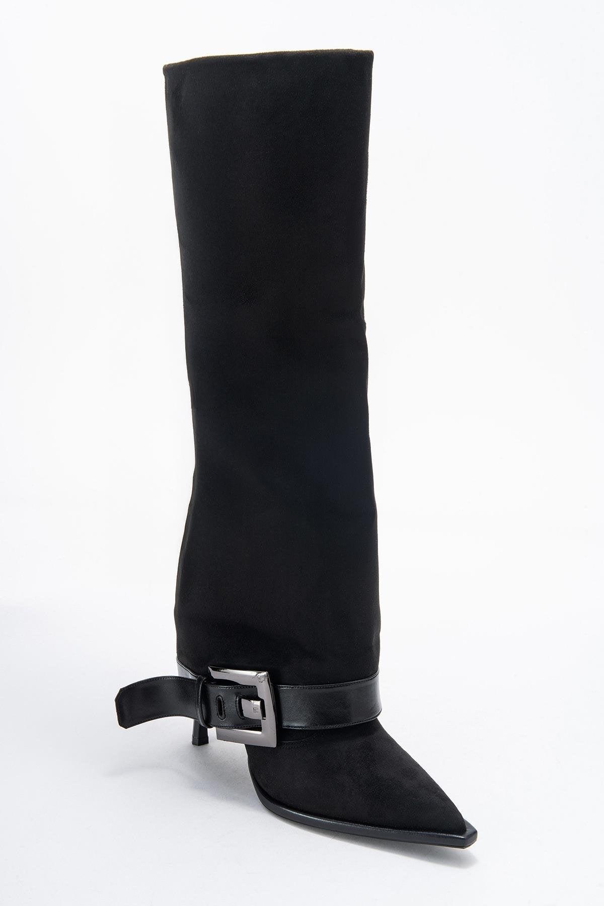 Elva - Black Buckle-Strap Stiletto Knee-High Boot – detail view showing suede, black, Vowalisse