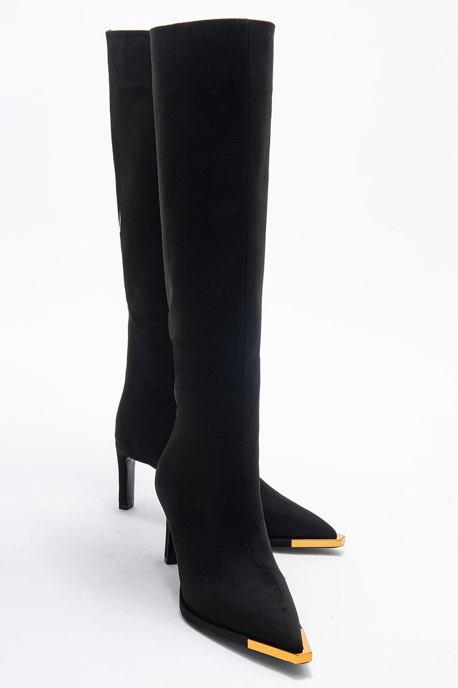 Lexa - Black Gold-Trimmed Pointed Toe Stiletto Knee-High Boot