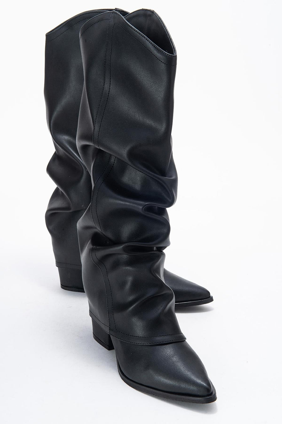 Elaris - Black Gusseted Block Heel Knee-High Boot